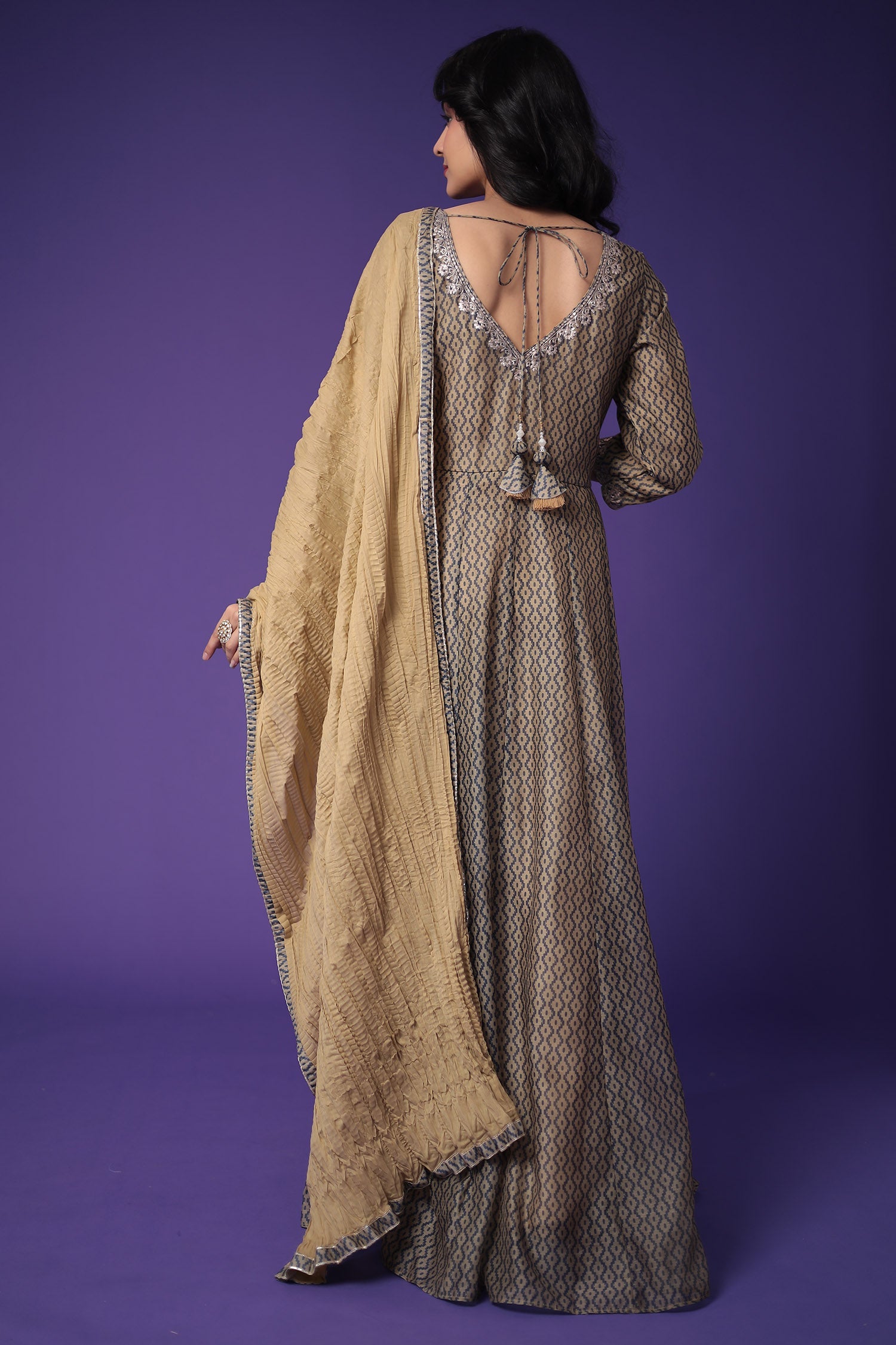 Printed Anarkali Chanderi Silk Suit Embroidered with Pittan work