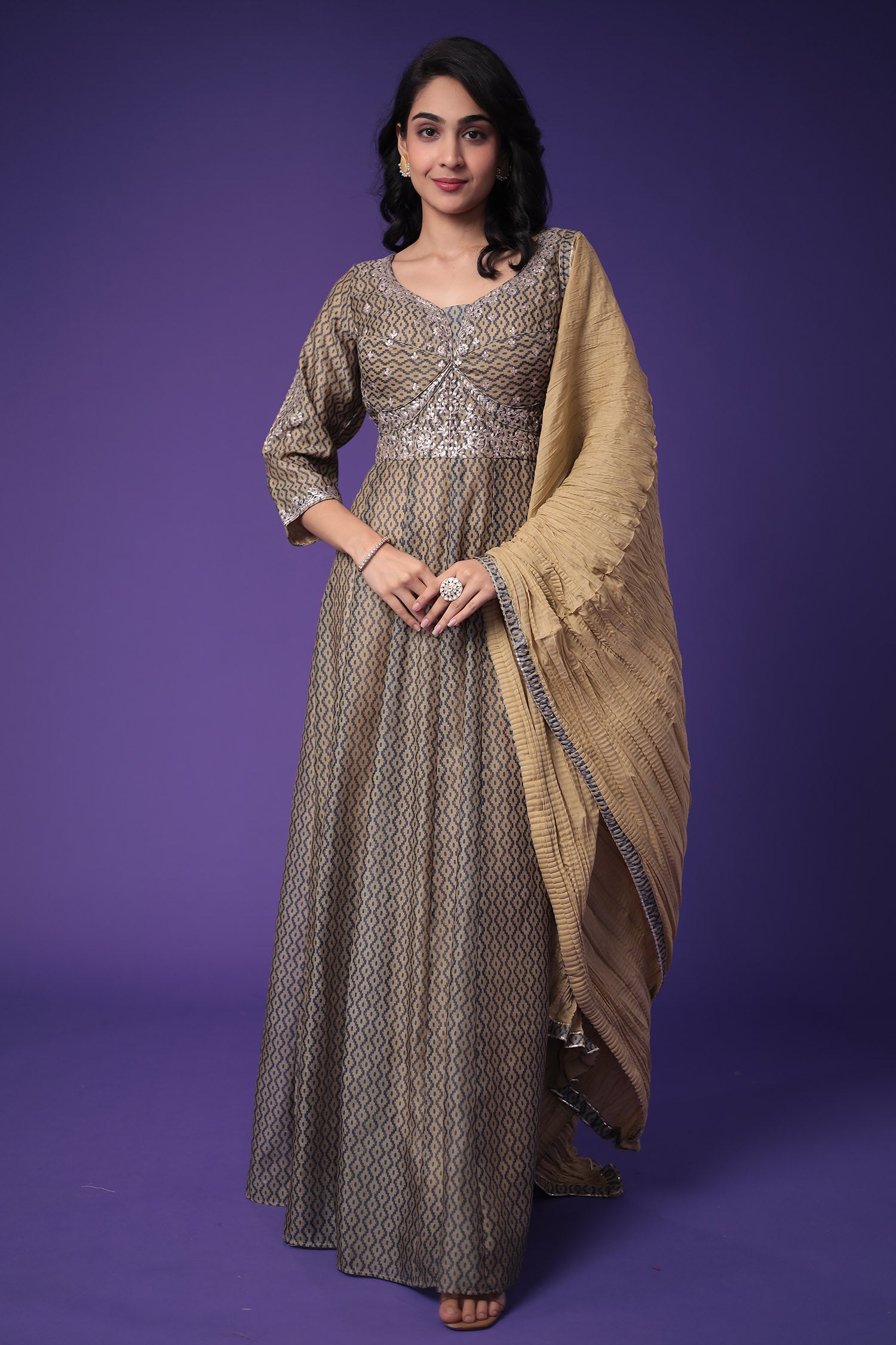 Printed Anarkali Chanderi Silk Suit Embroidered with Pittan work