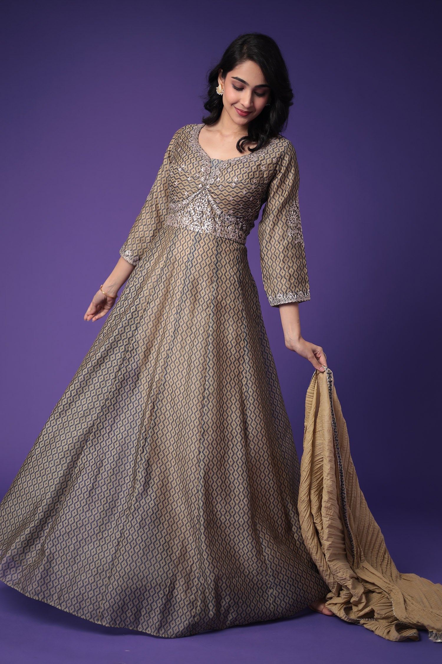 Printed Anarkali Chanderi Silk Suit Embroidered with Pittan work