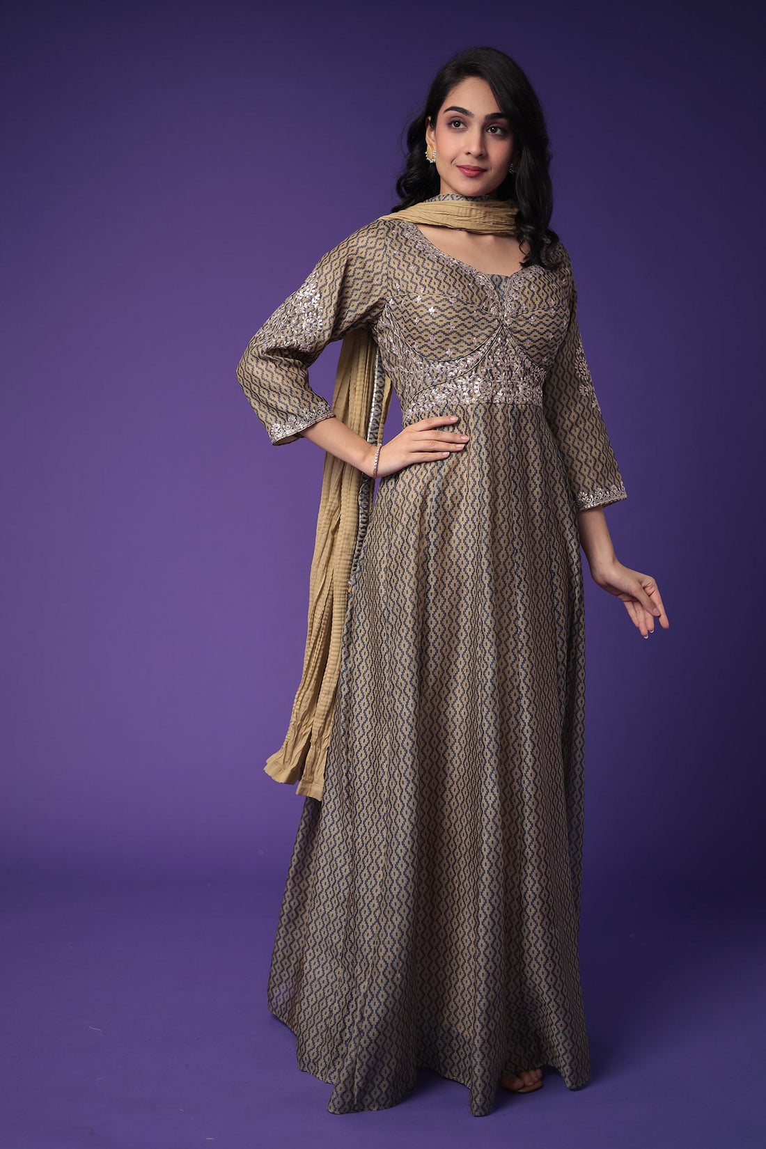 Printed Anarkali Chanderi Silk Suit Embroidered with Pittan work