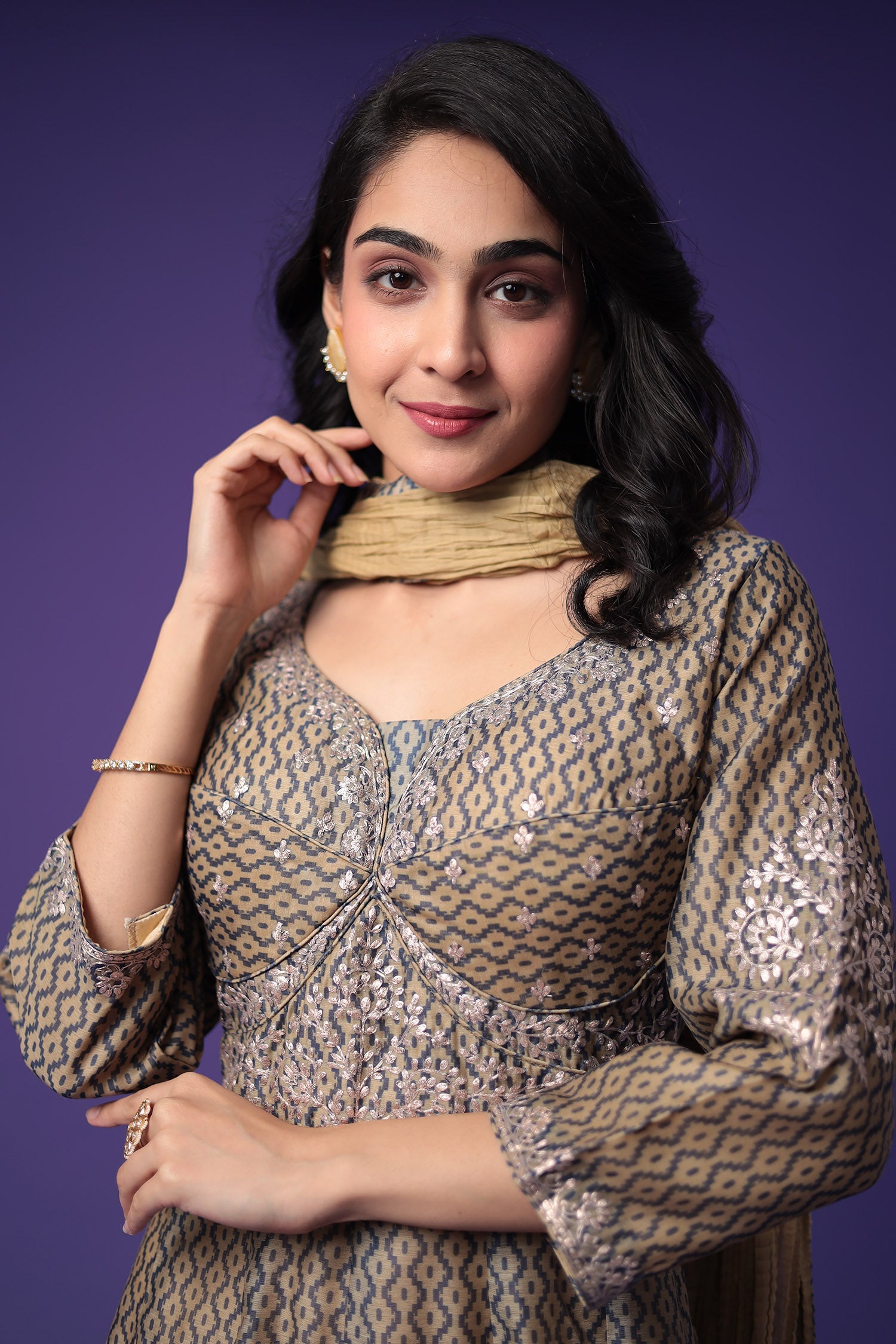 Printed Anarkali Chanderi Silk Suit Embroidered with Pittan work