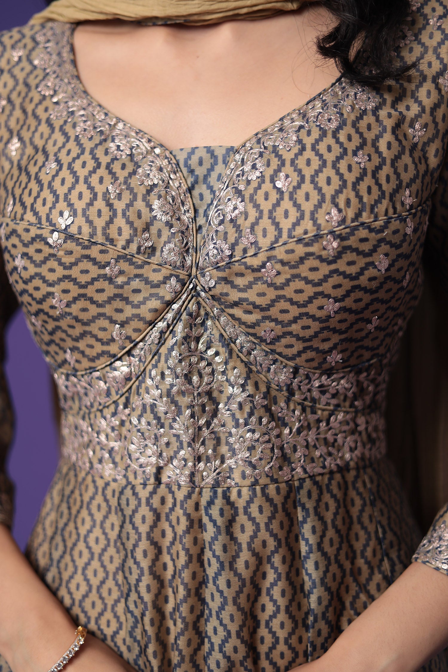 Printed Anarkali Chanderi Silk Suit Embroidered with Pittan work