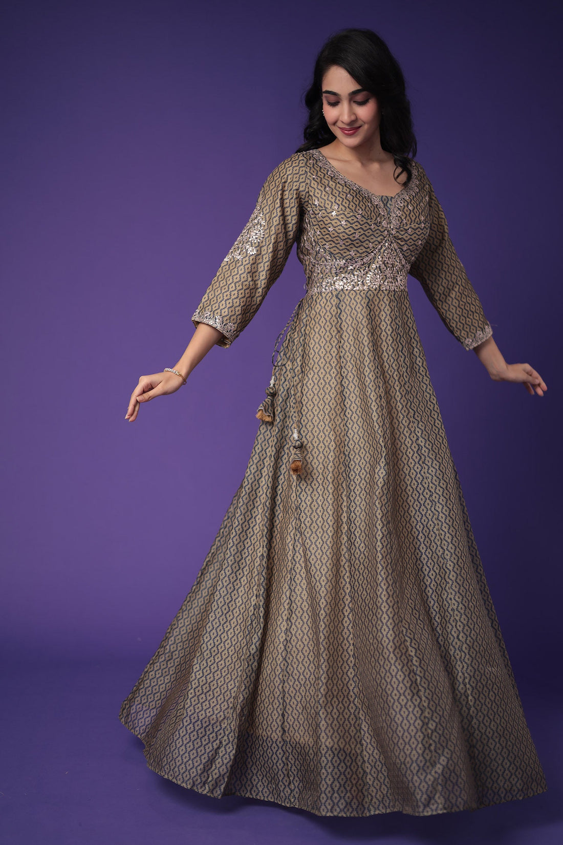 Printed Anarkali Chanderi Silk Suit Embroidered with Pittan work