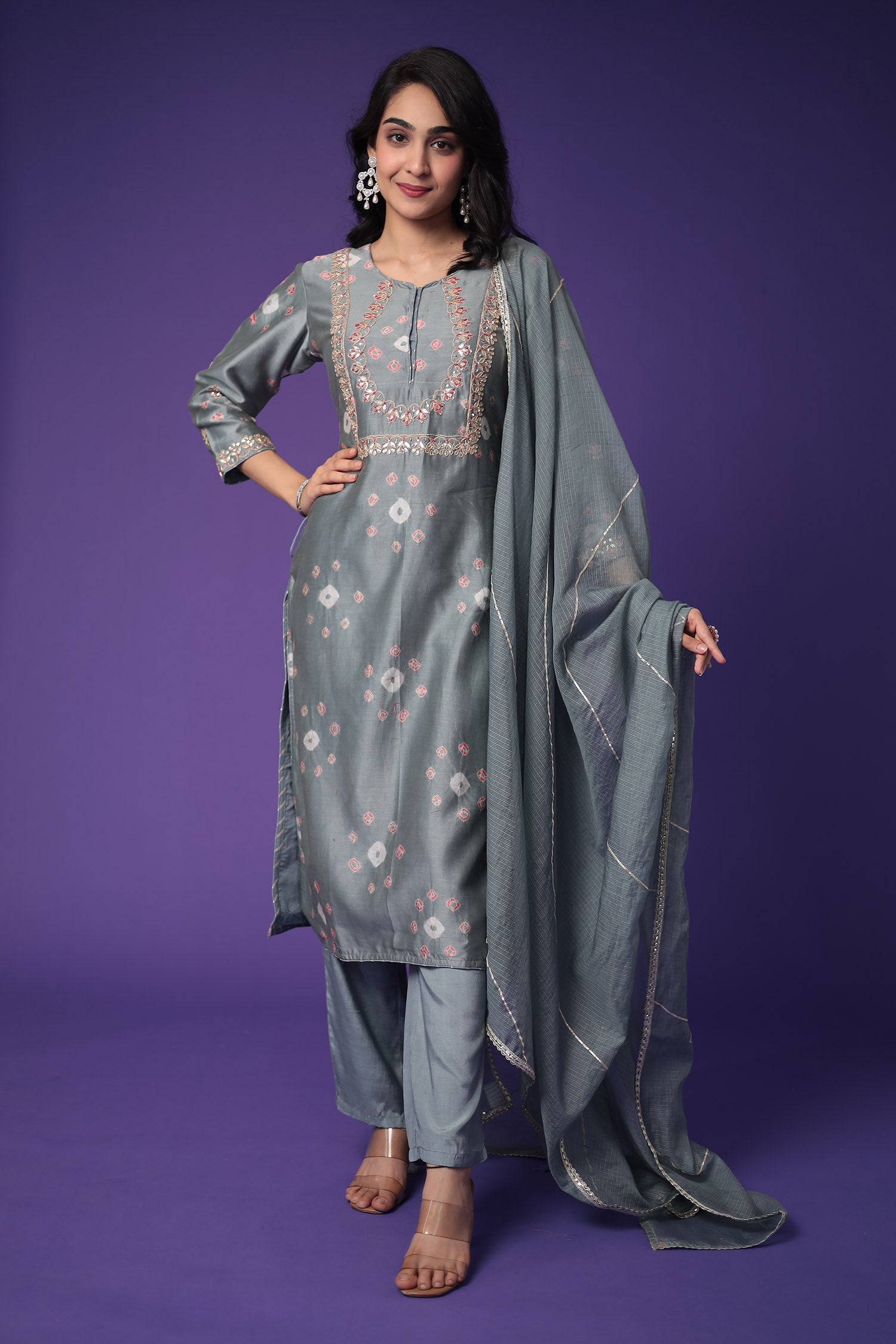 Bandhej Chanderi Silk Suit with Embroidered work