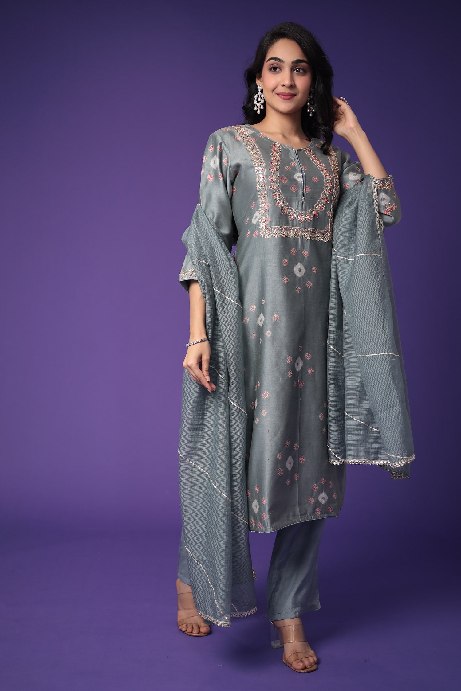 Bandhej Chanderi Silk Suit with Embroidered work