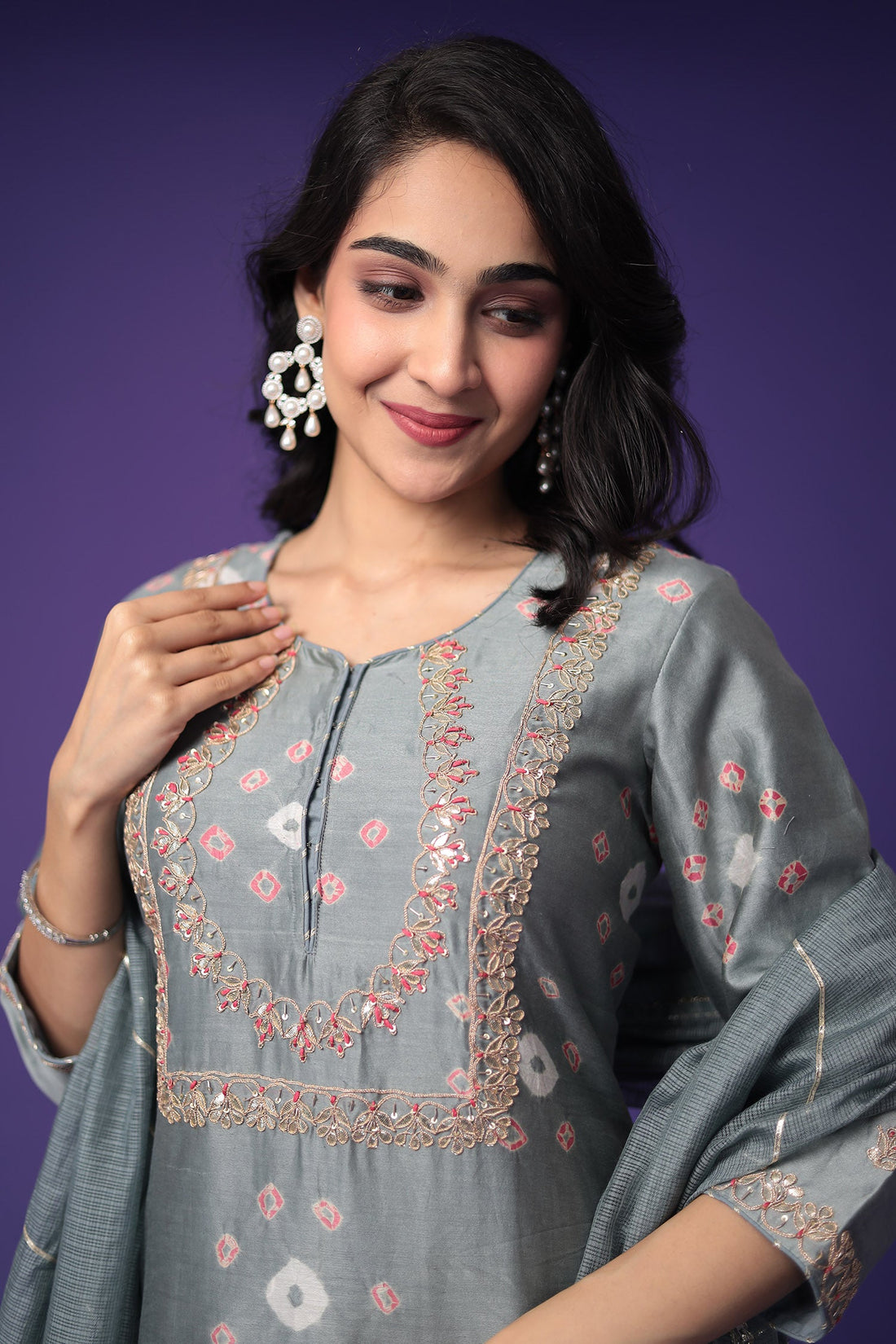 Bandhej Chanderi Silk Suit with Embroidered work