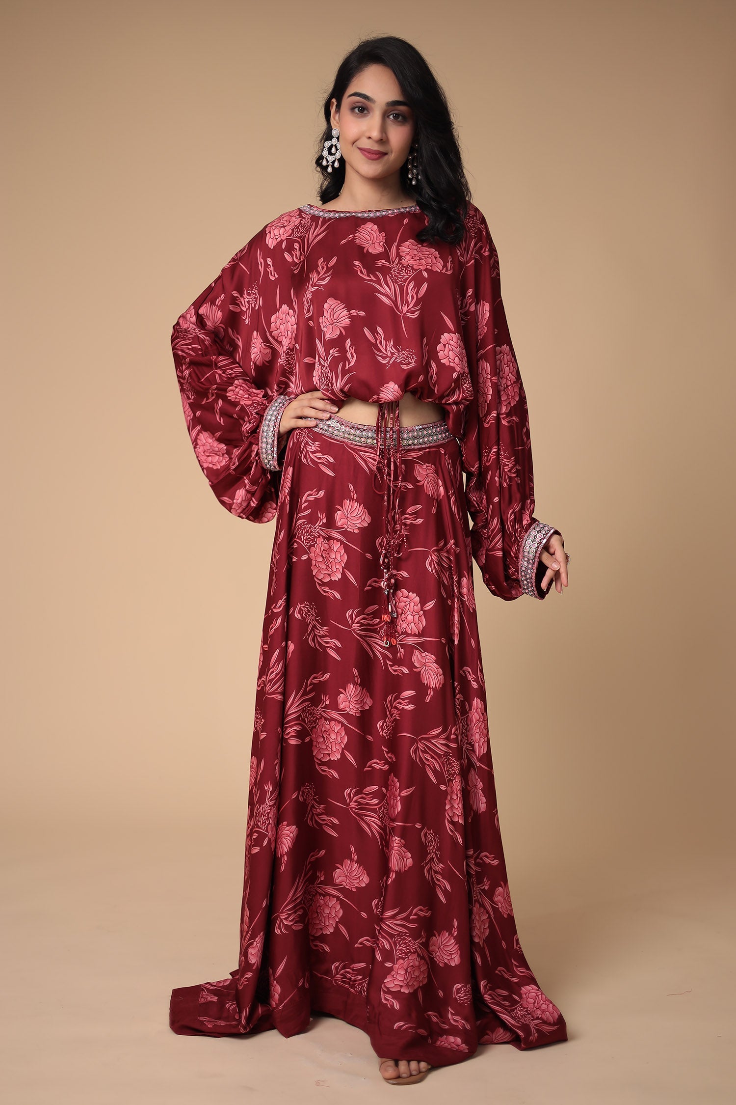 Printed Satin Silk Indowestern with Embellished work