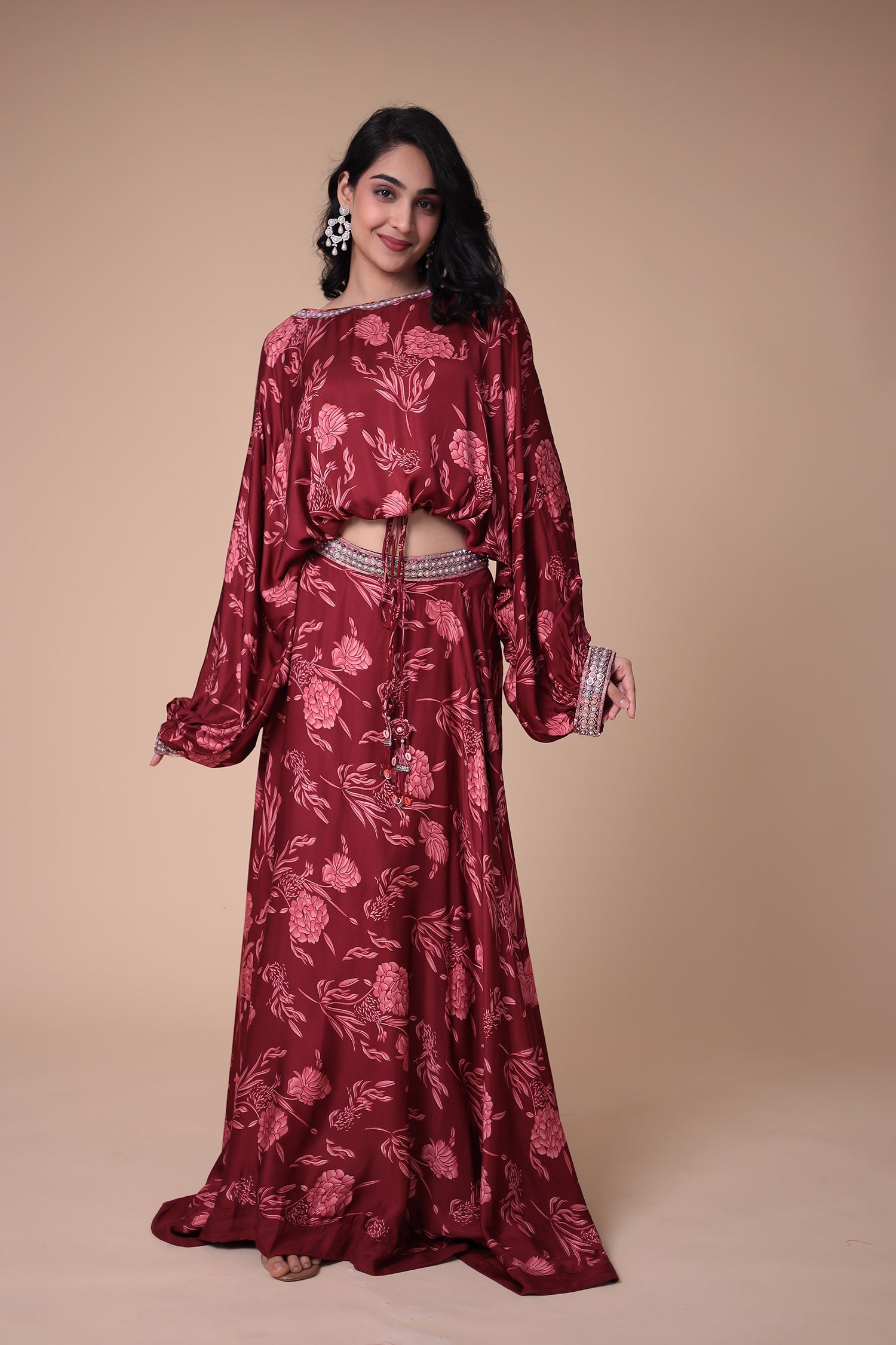 Printed Satin Silk Indowestern with Embellished work