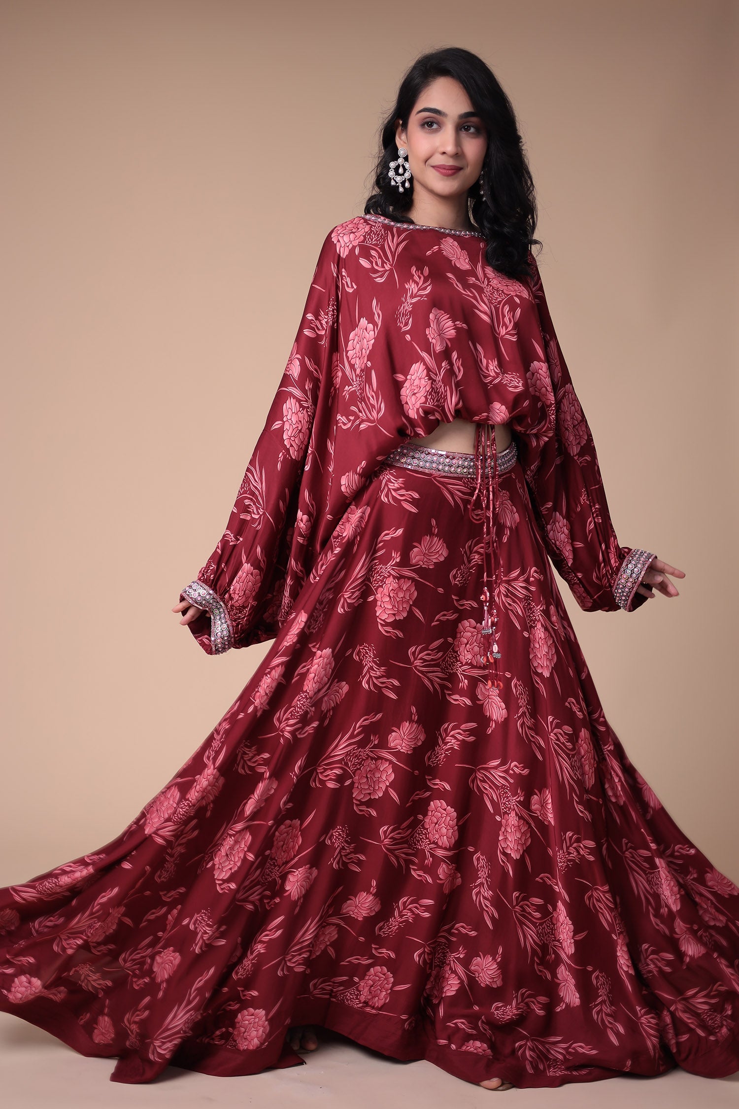 Printed Satin Silk Indowestern with Embellished work