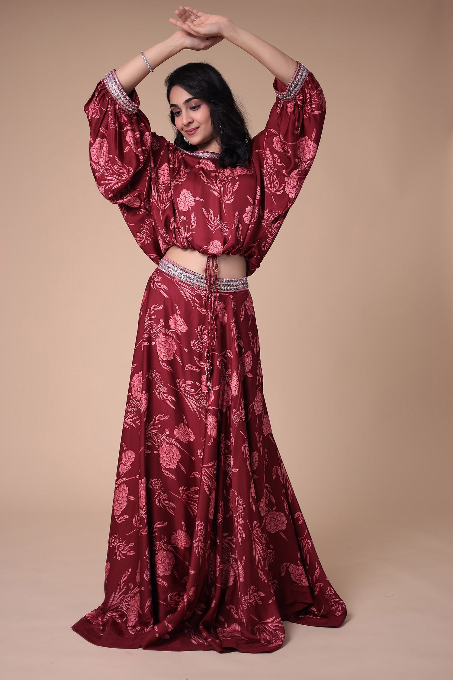 Printed Satin Silk Indowestern with Embellished work