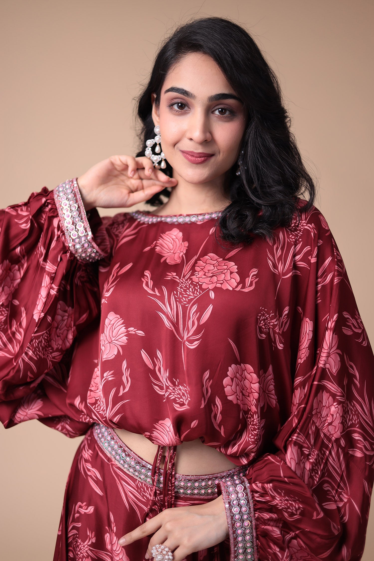 Printed Satin Silk Indowestern with Embellished work