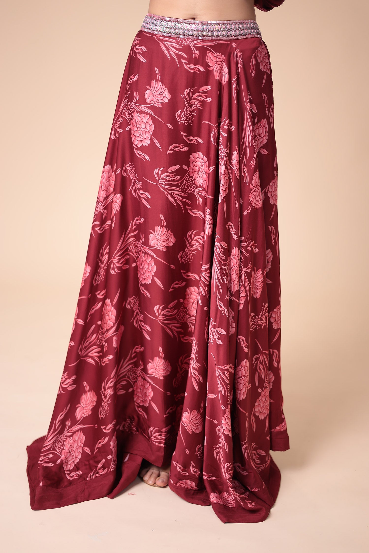 Printed Satin Silk Indowestern with Embellished work