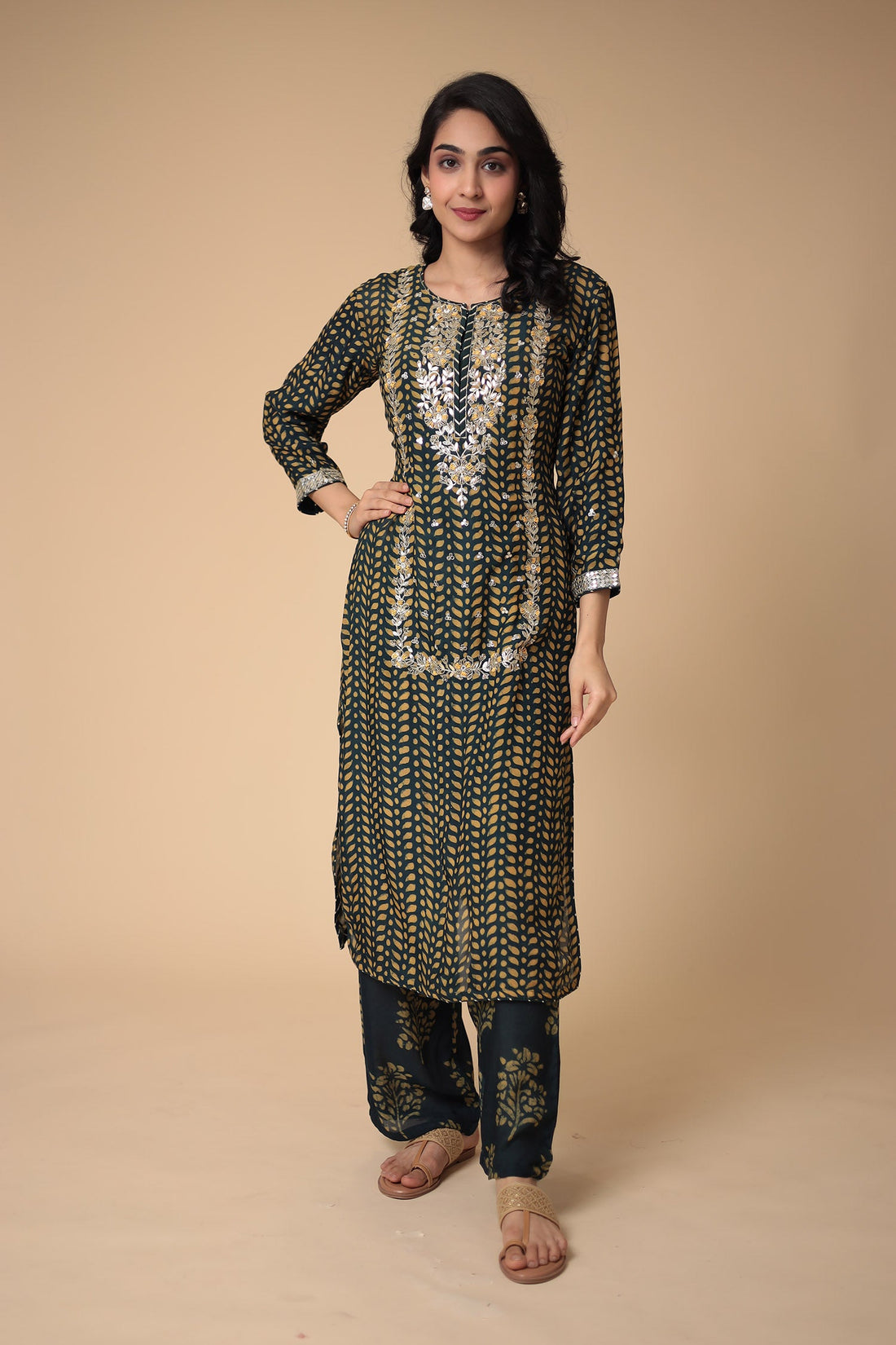 Printed Silk Blend Suit Embroidered with Gota Patti work