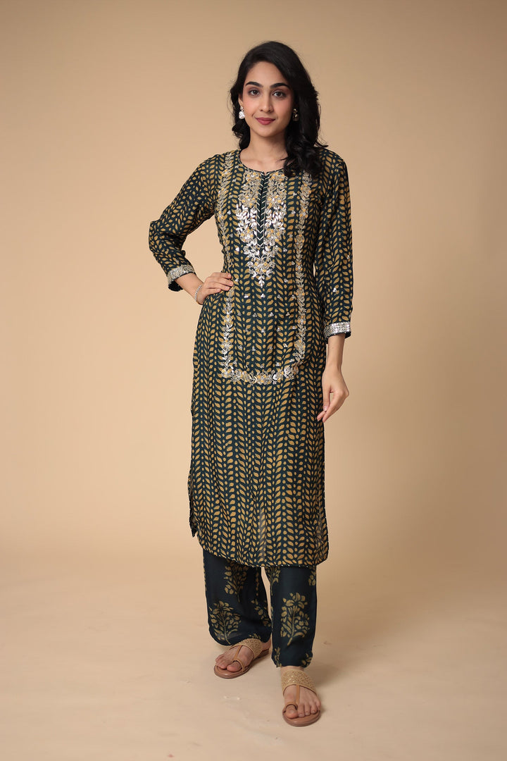 Printed Silk Blend Suit Embroidered with Gota Patti work