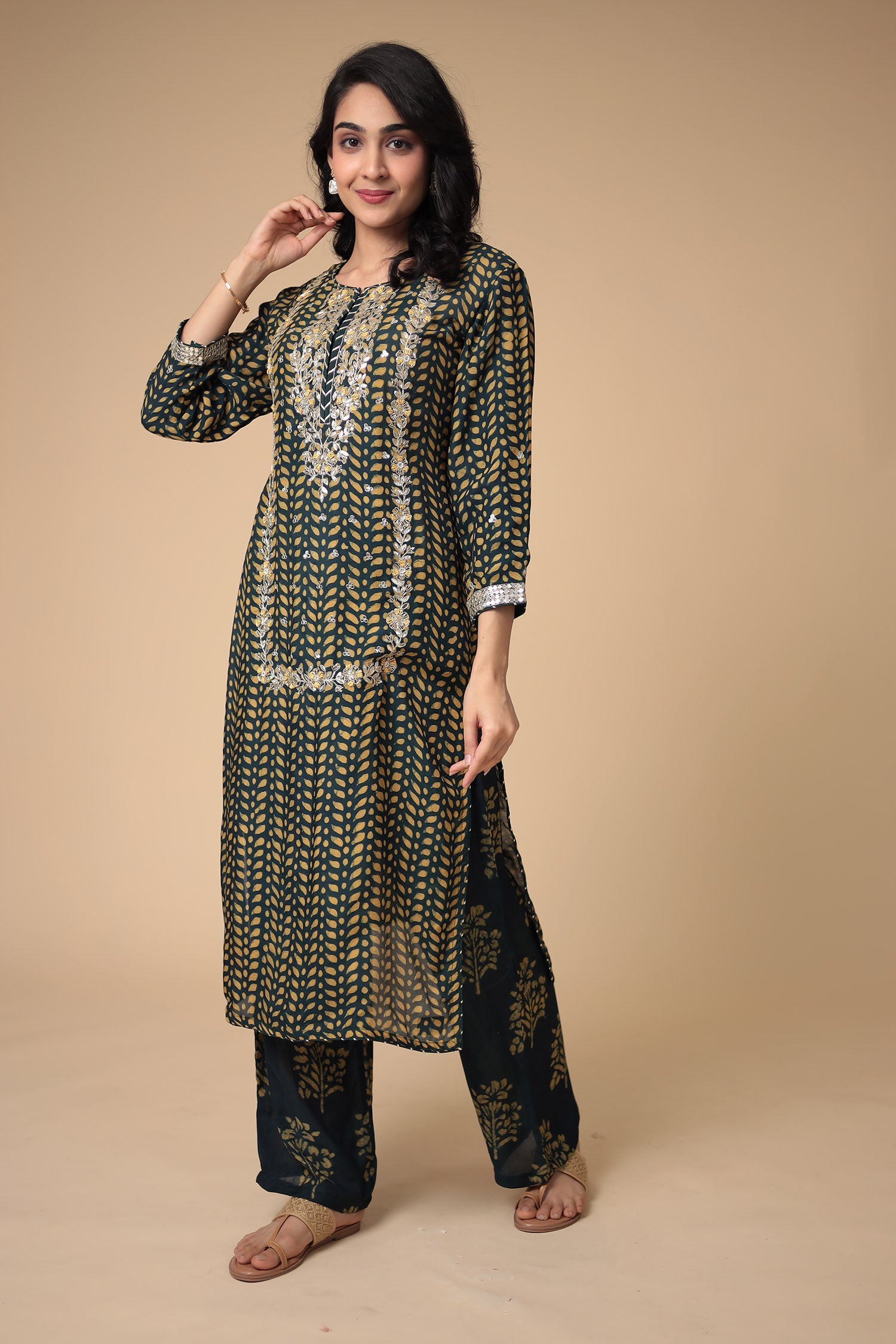 Printed Silk Blend Suit Embroidered with Gota Patti work
