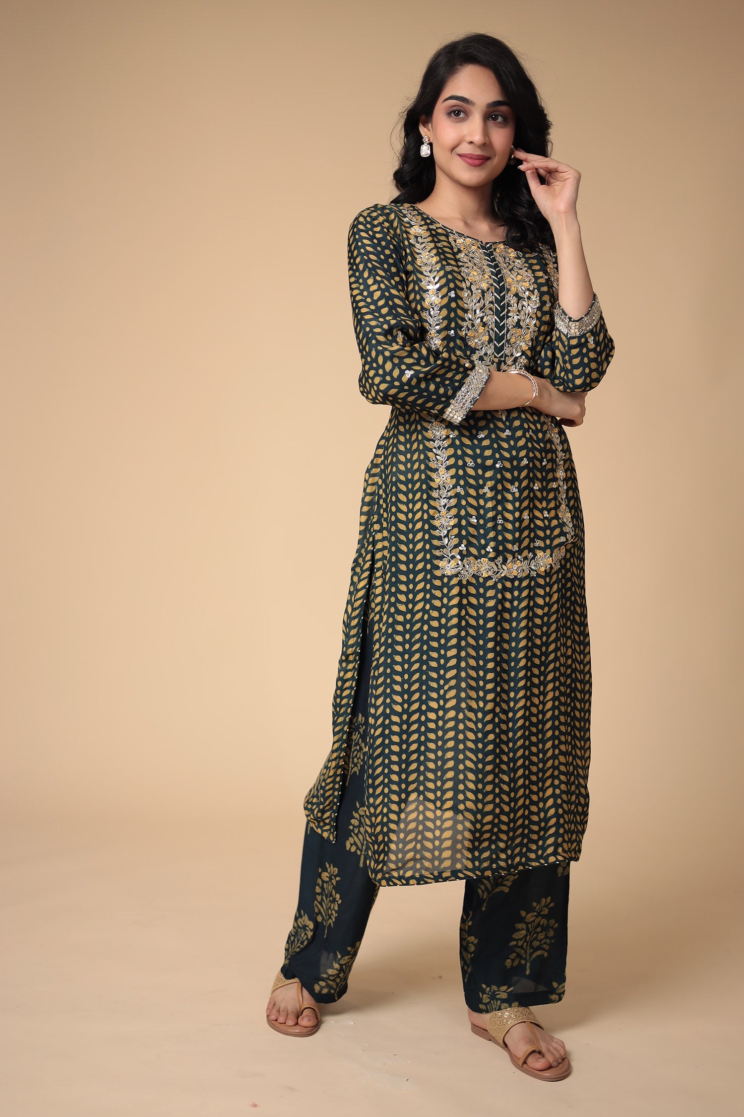 Printed Silk Blend Suit Embroidered with Gota Patti work