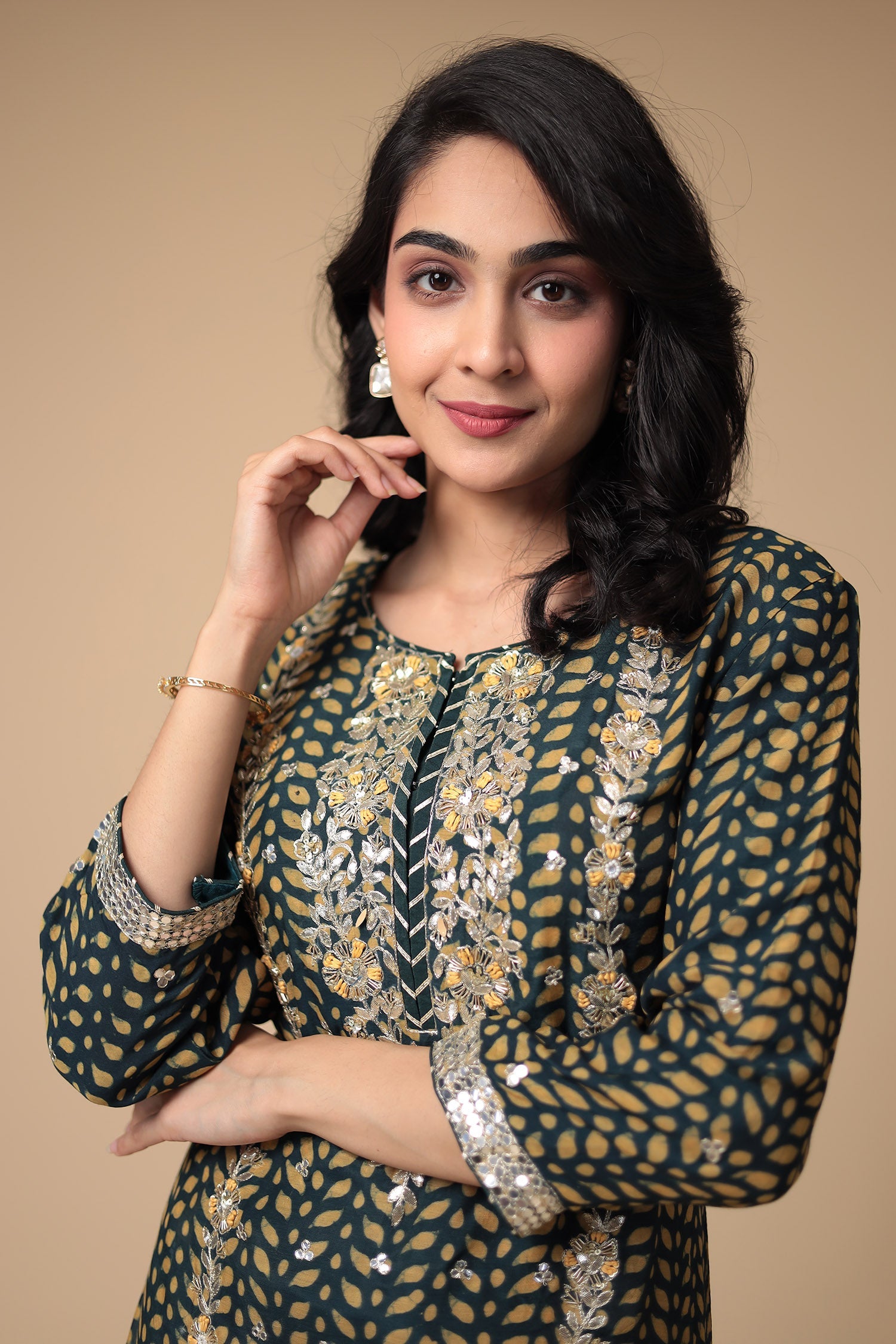 Printed Silk Blend Suit Embroidered with Gota Patti work