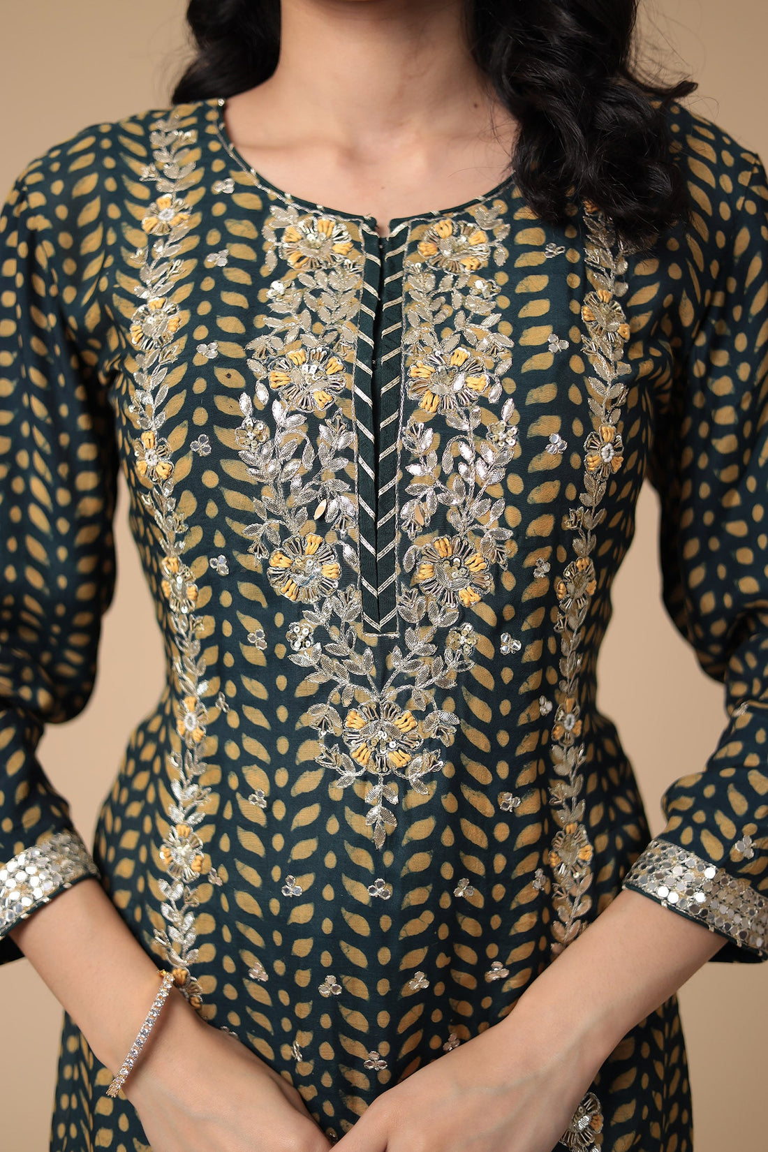 Printed Silk Blend Suit Embroidered with Gota Patti work