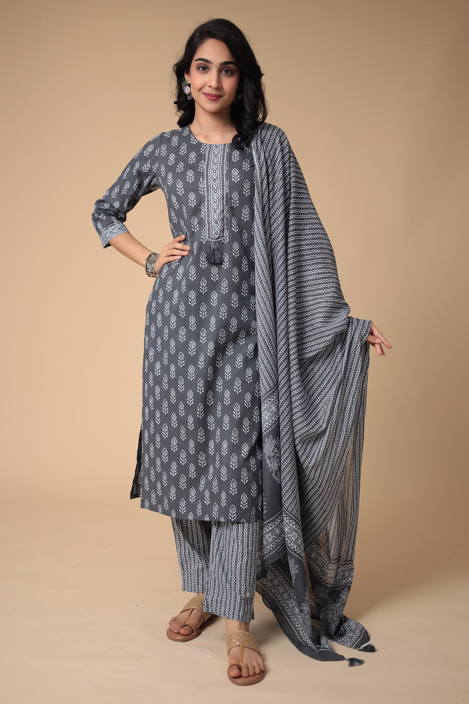 Printed Cotton Kurta Set Stitched with Embroidered work