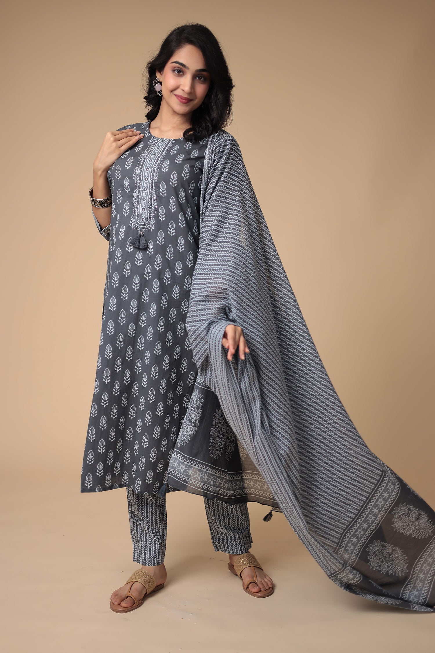 Printed Cotton Kurta Set Stitched with Embroidered work