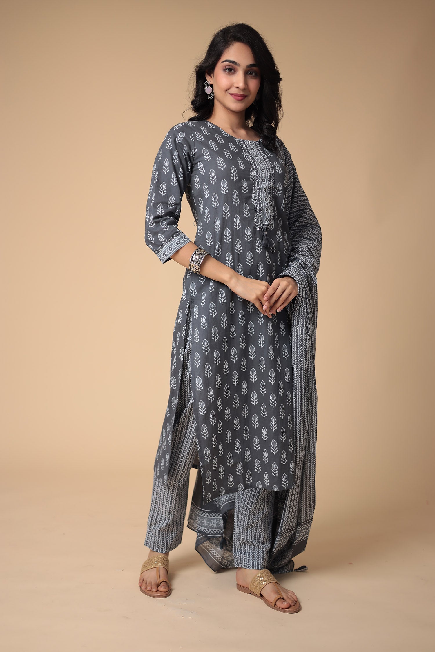 Printed Cotton Kurta Set Stitched with Embroidered work