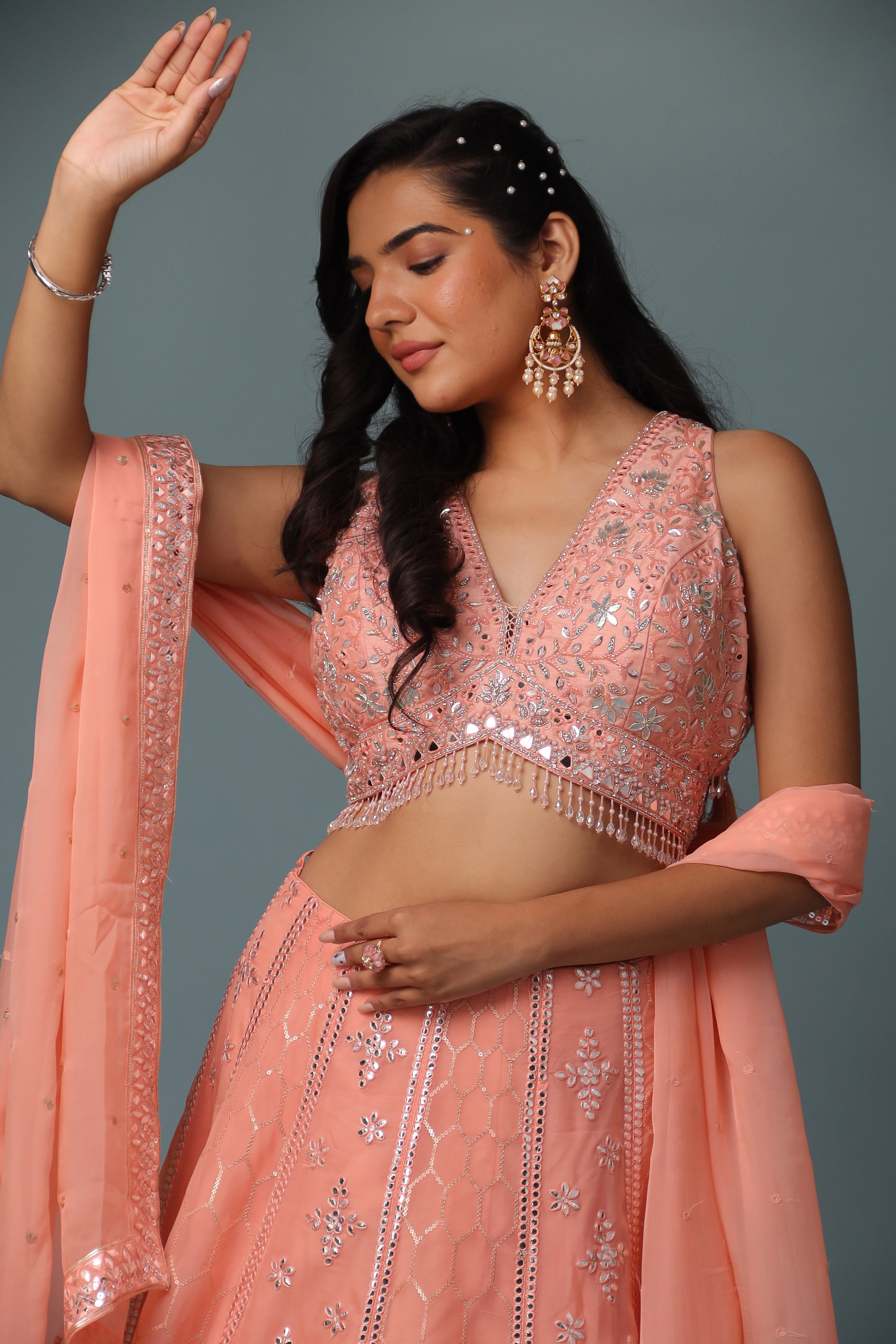 Organza Lehenga with Mirror and Embroidered work.