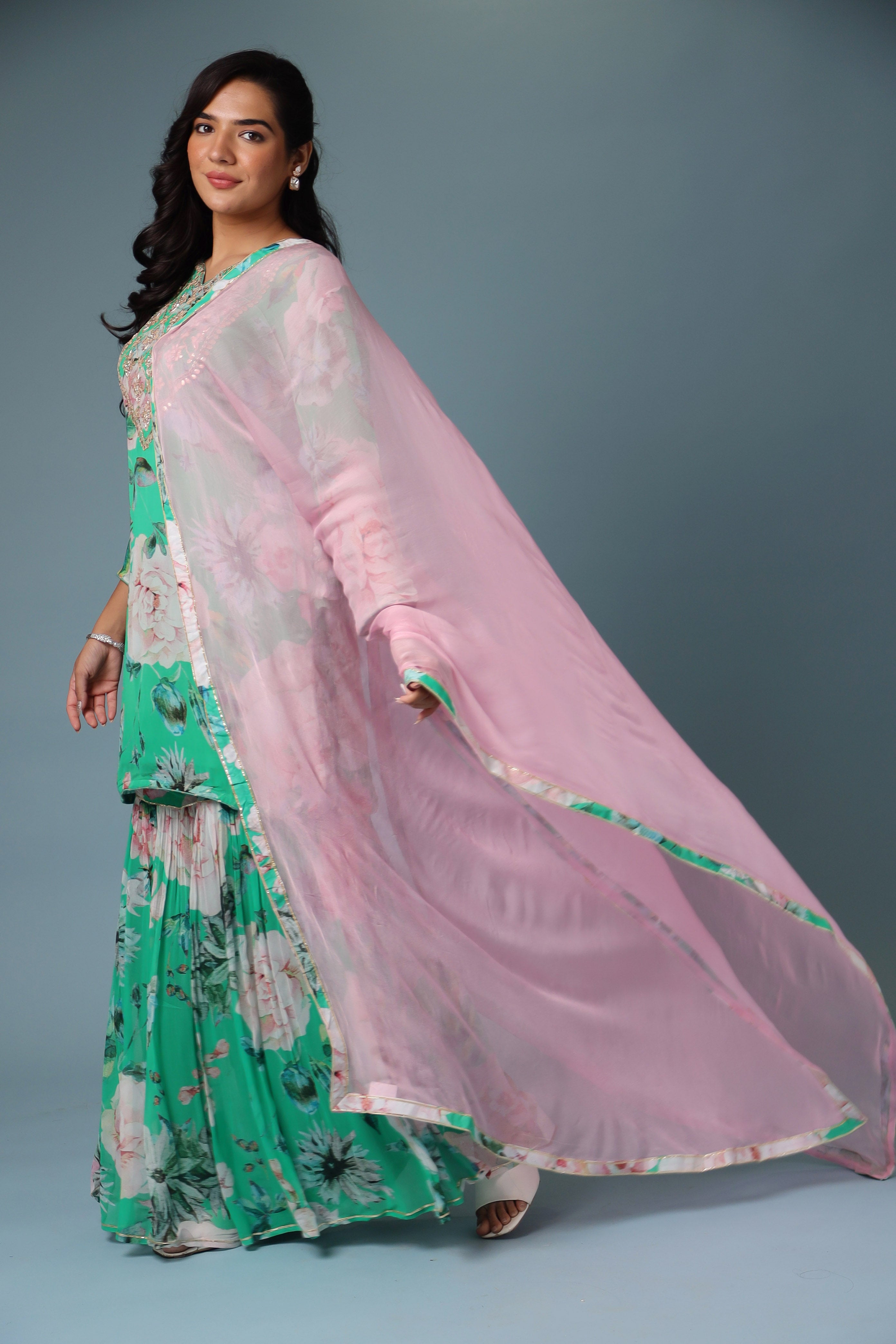Printed Georgette Sharara Suit with Gota Patti work.