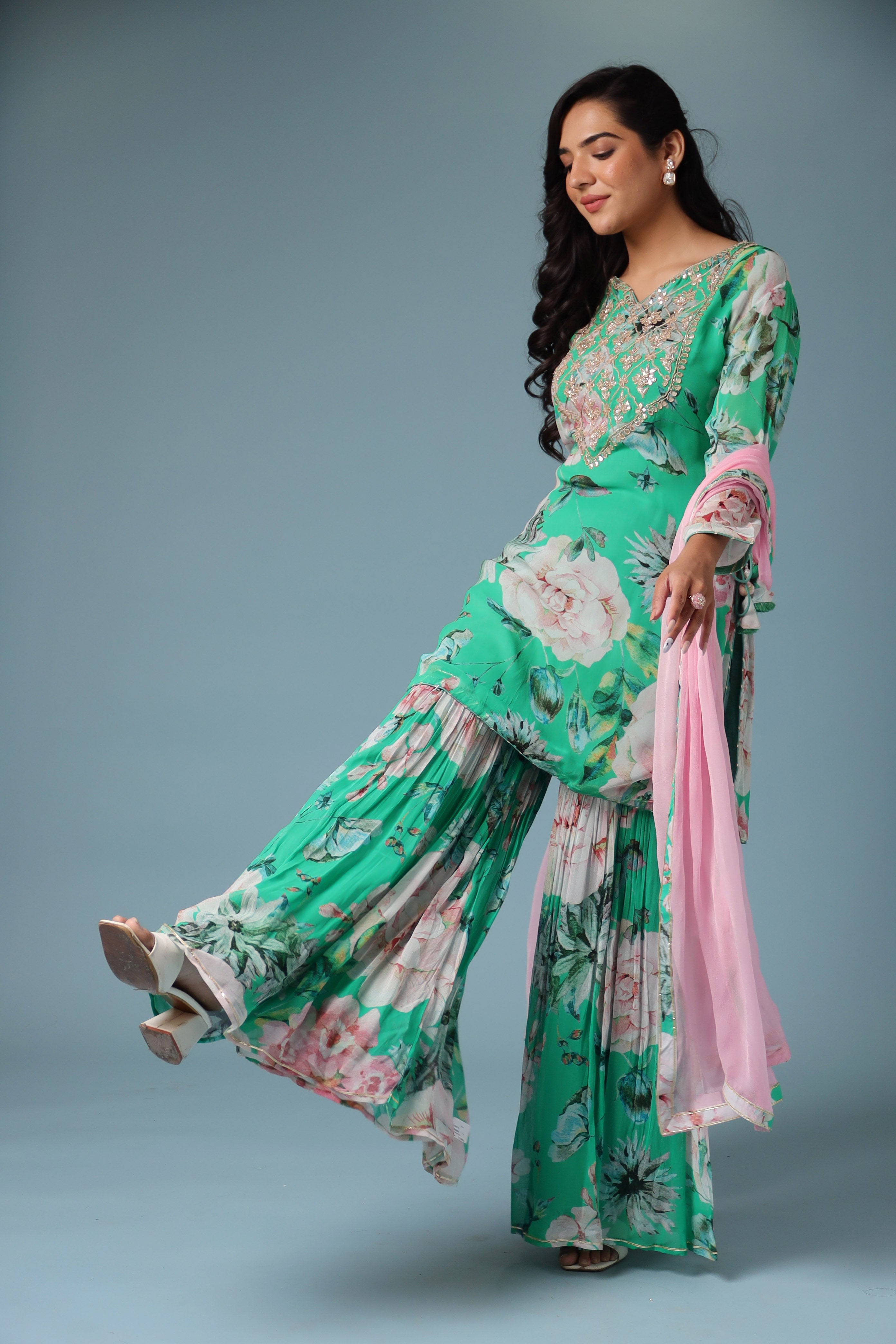 Printed Georgette Sharara Suit with Gota Patti work.
