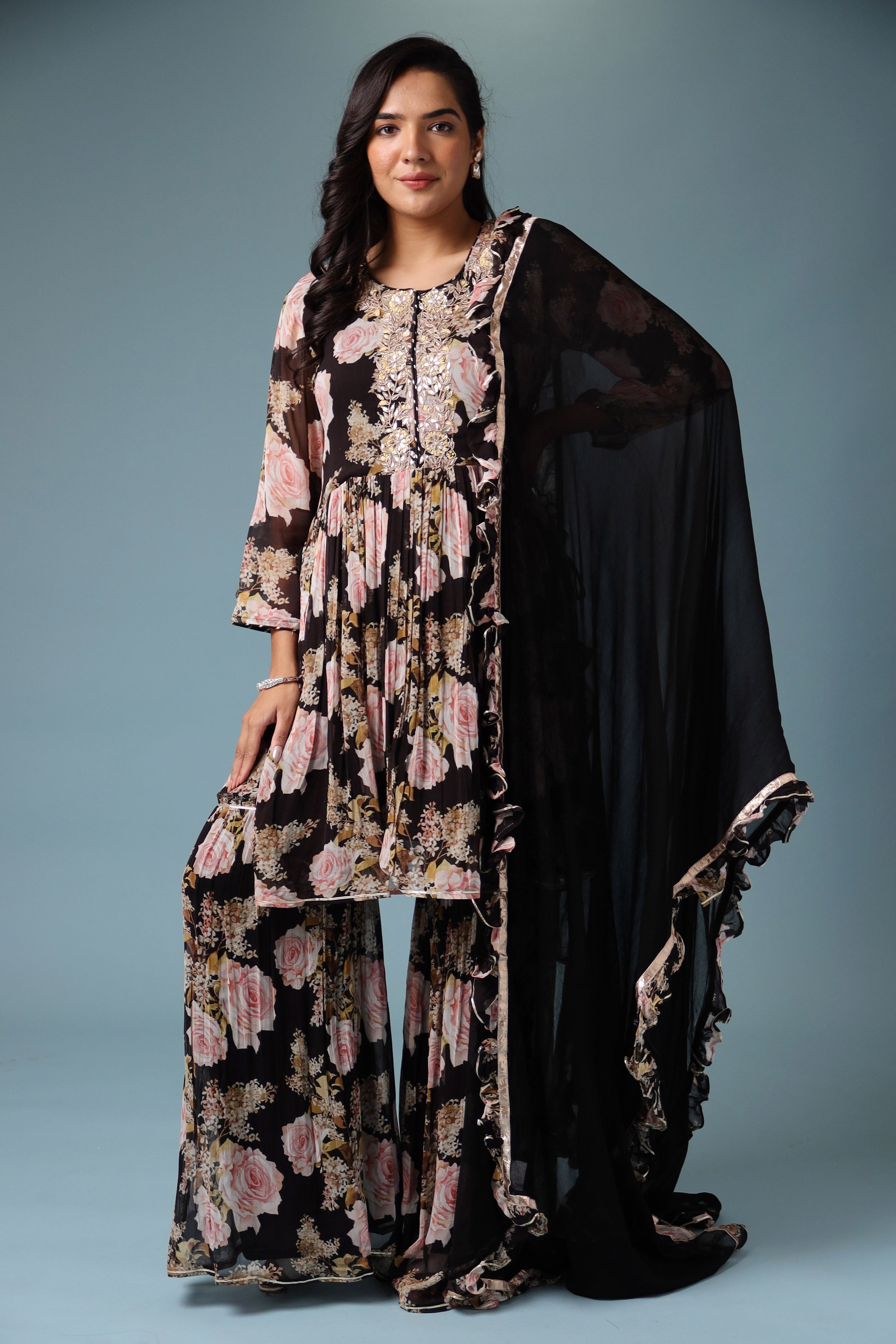 Printed Georgette Sharara Suit with Gota Patti work.