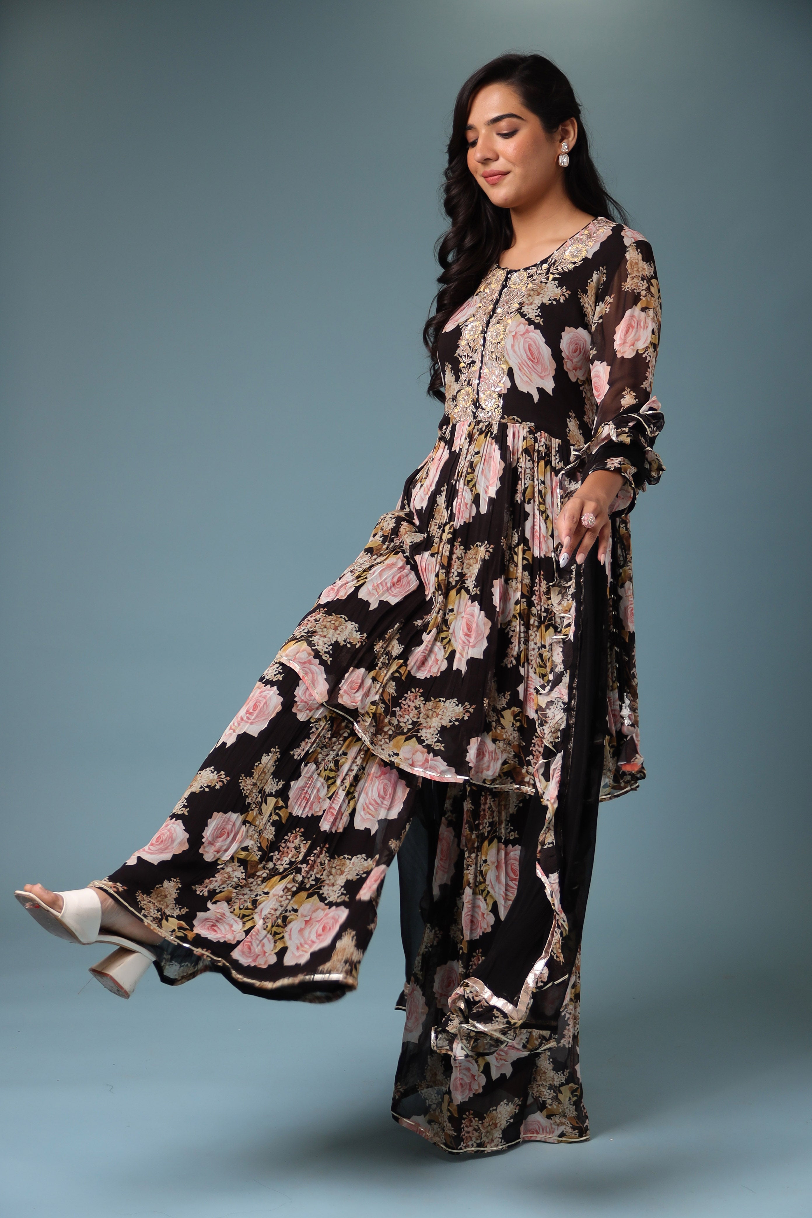 Printed Georgette Sharara Suit with Gota Patti work.
