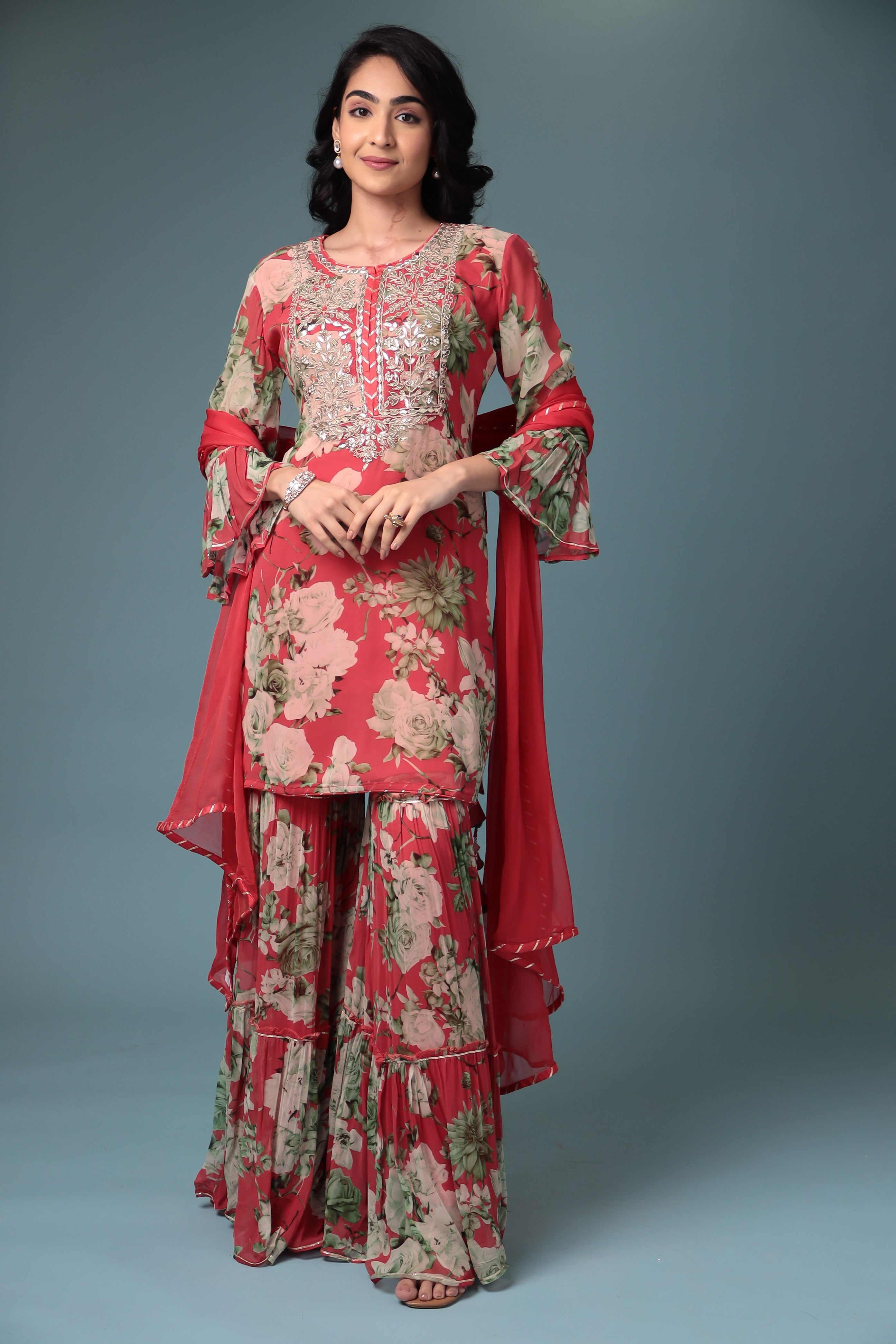 Printed Georgette Sharara Suit with Gota Patti work.