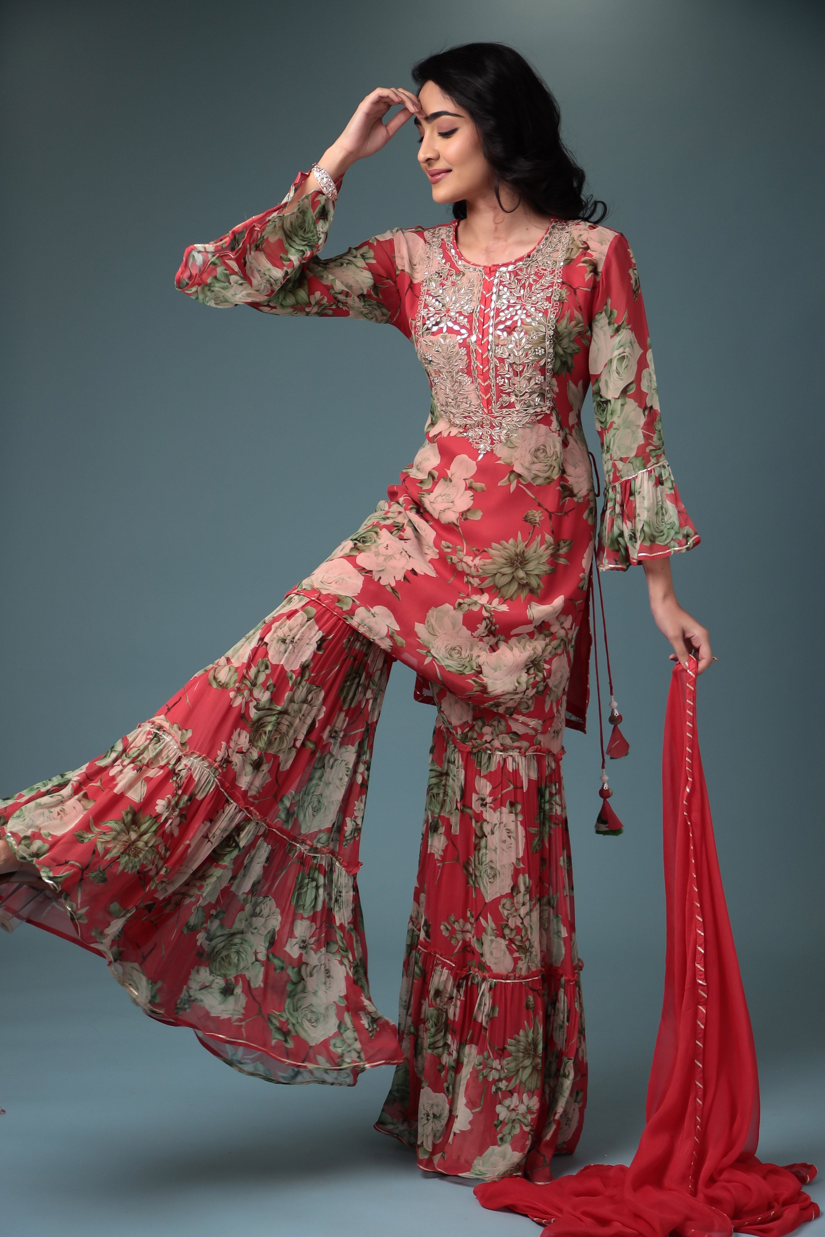 Printed Georgette Sharara Suit with Gota Patti work.