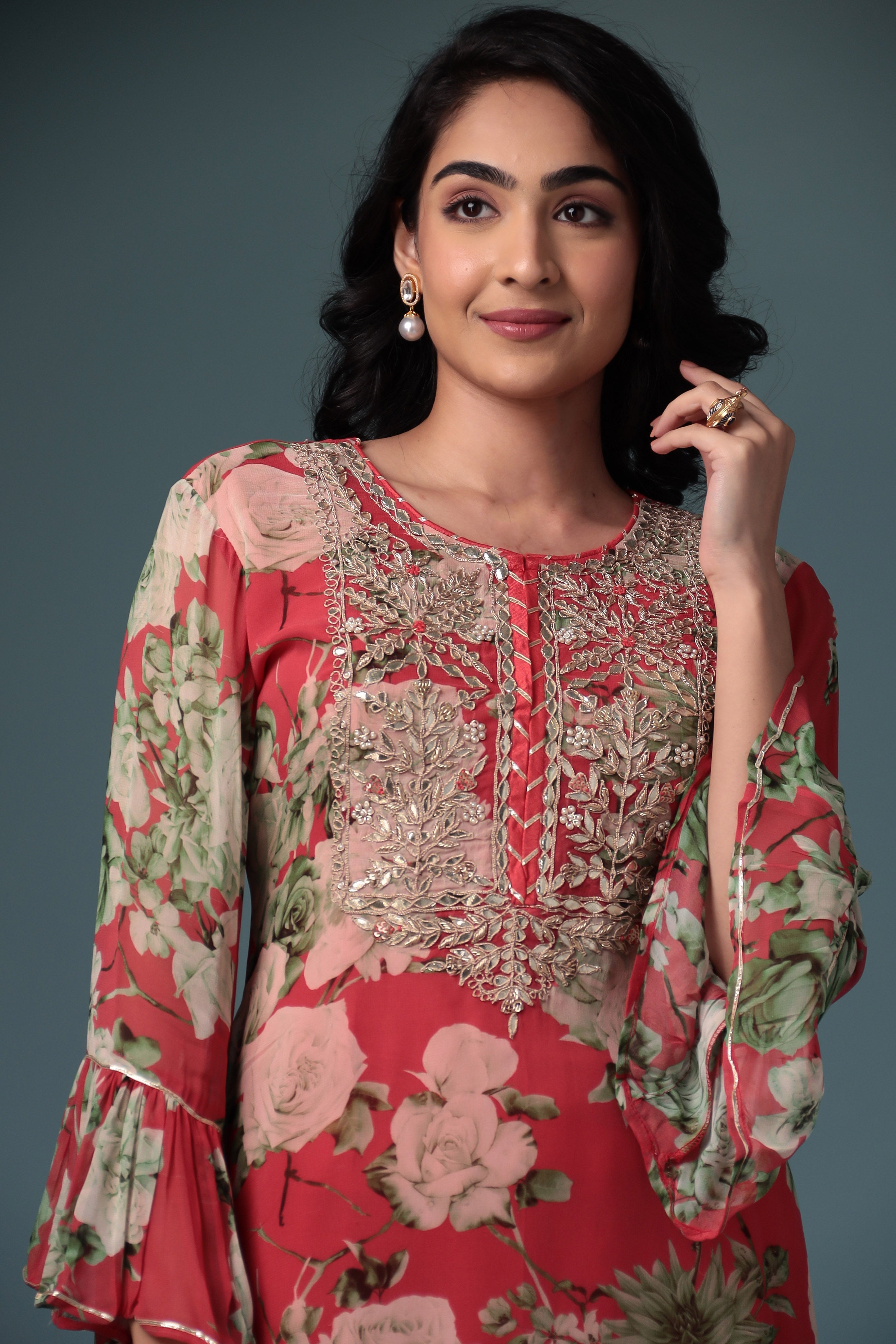 Printed Georgette Sharara Suit with Gota Patti work.