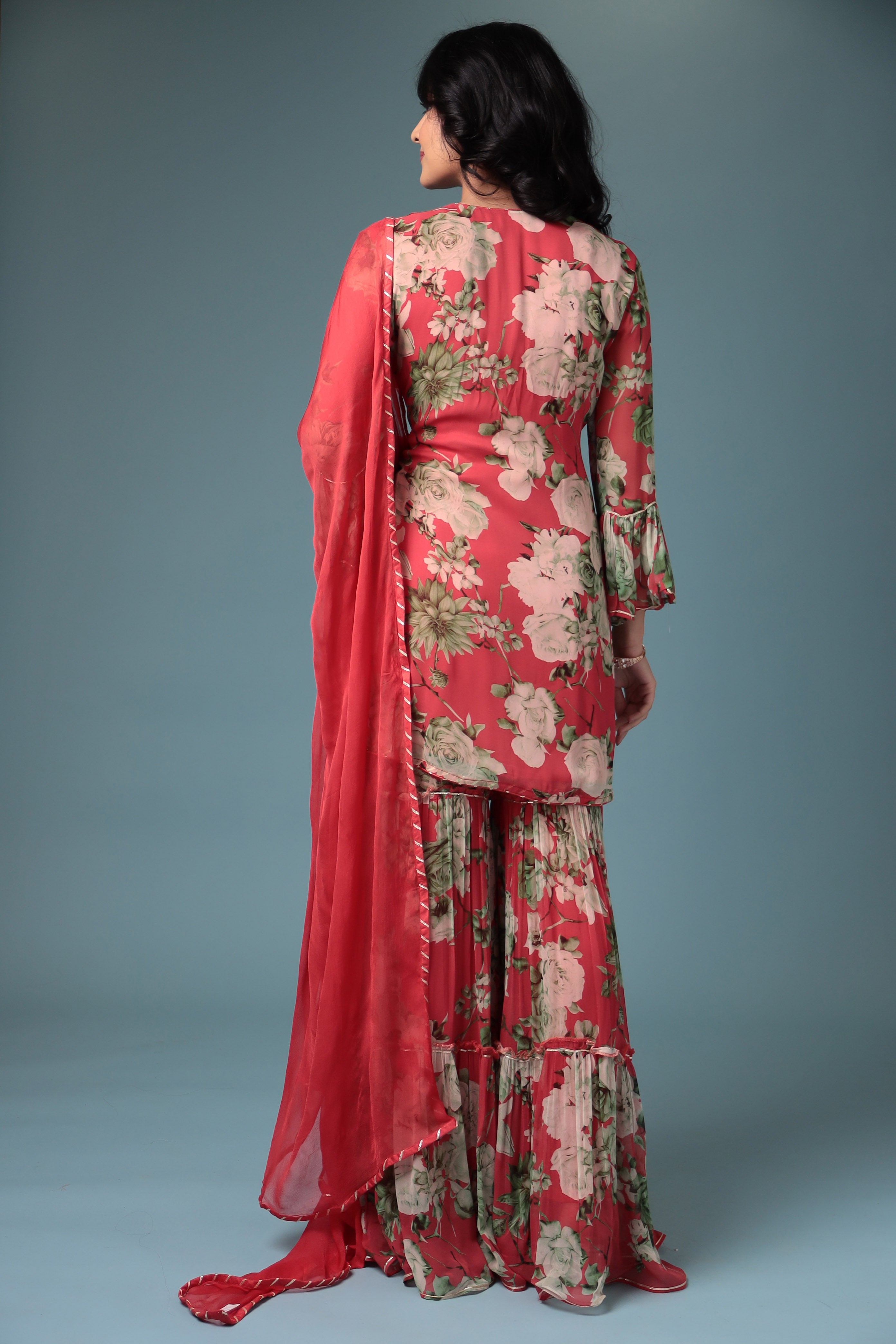 Printed Georgette Sharara Suit with Gota Patti work.