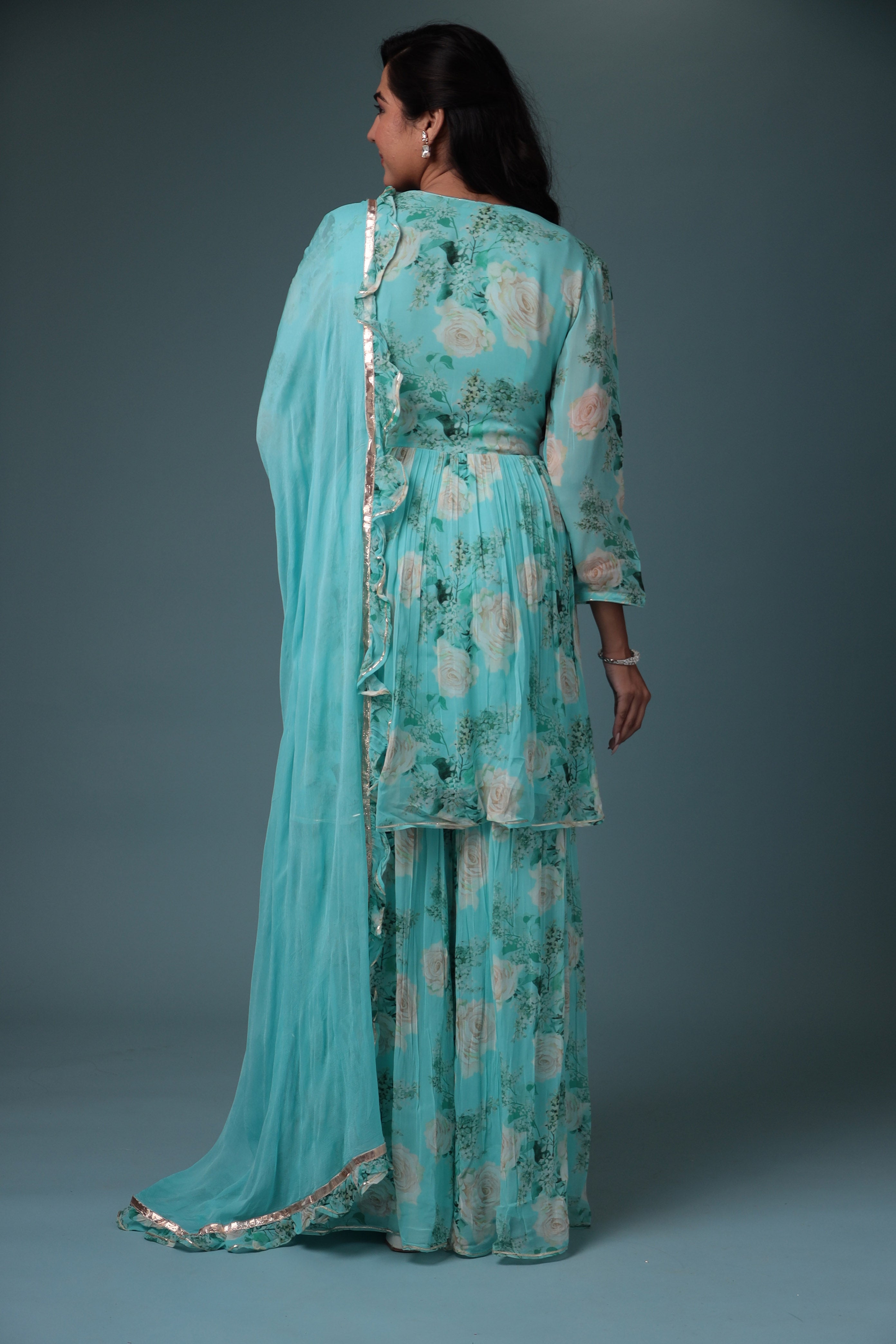 Printed Georgette Sharara Suit with Gota Patti work.