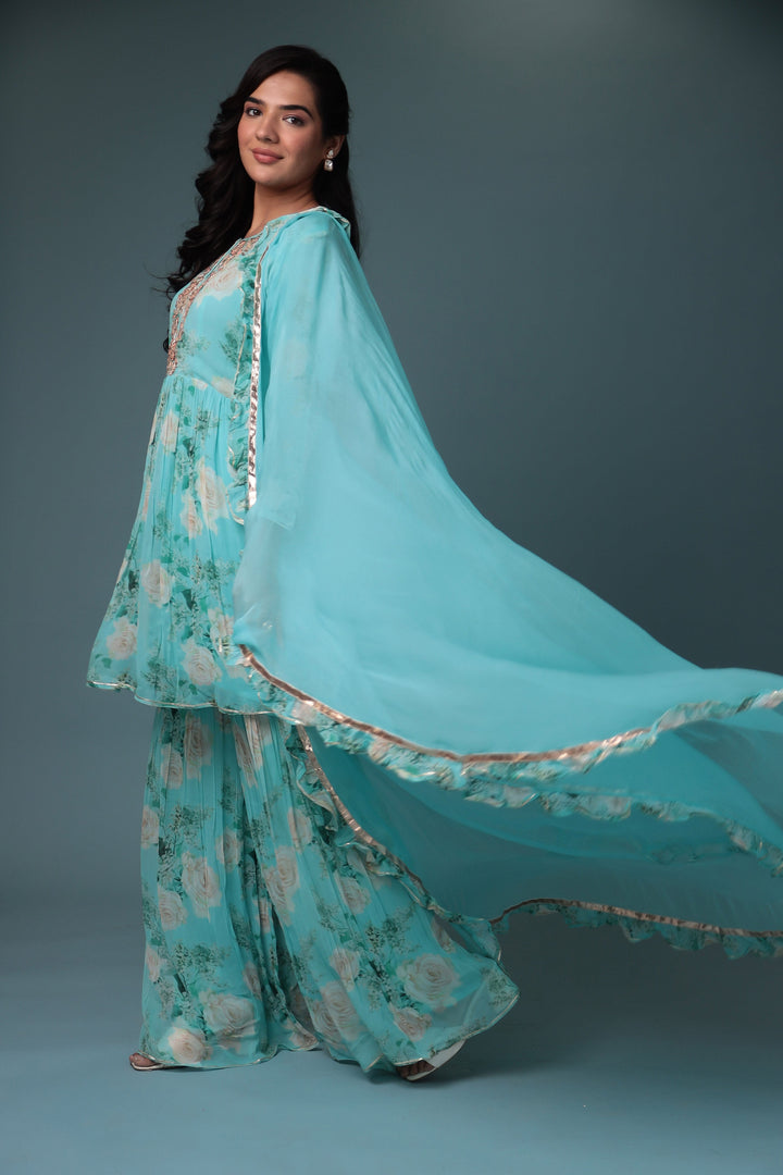 Printed Georgette Sharara Suit with Gota Patti work.