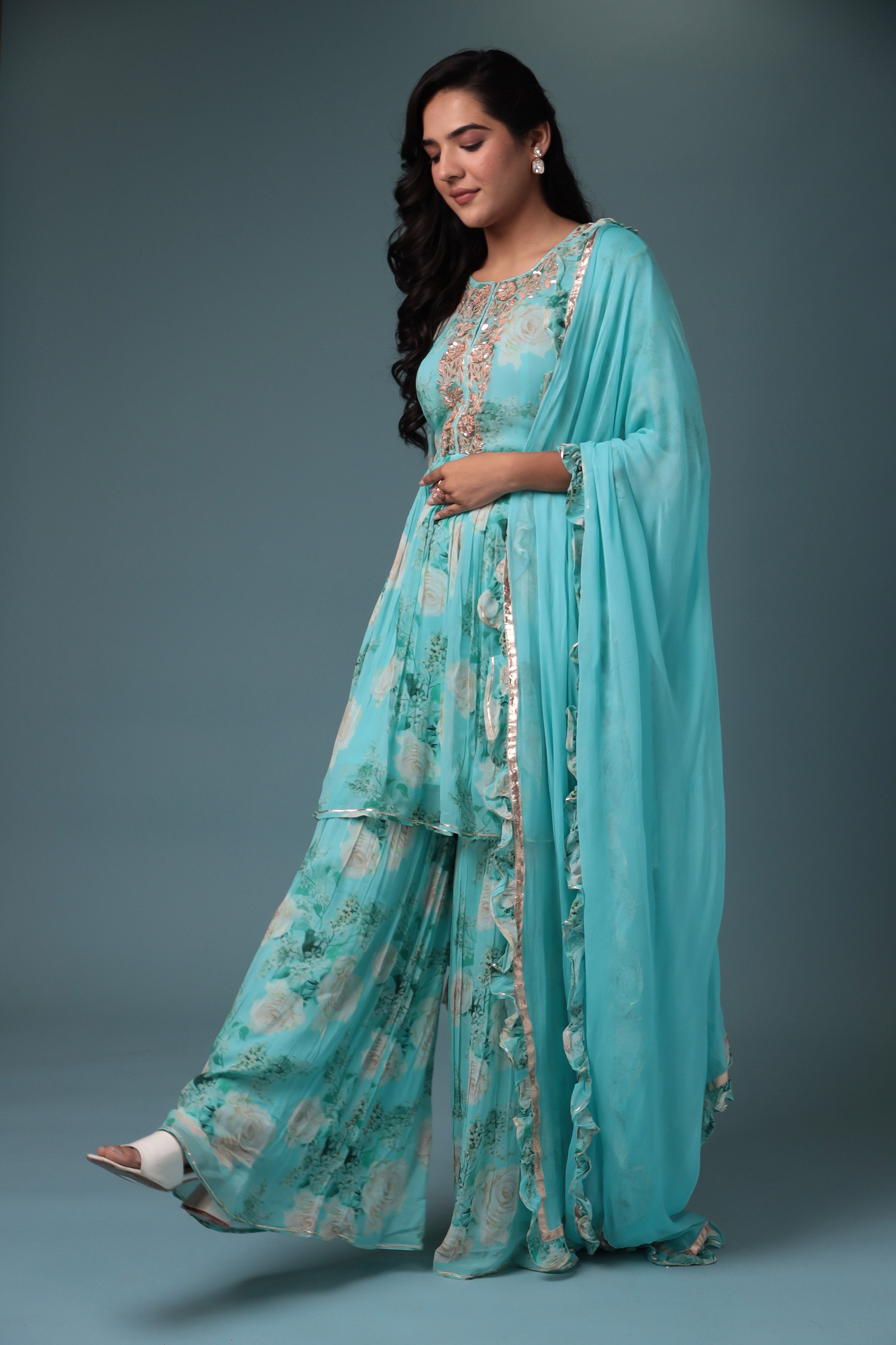 Printed Georgette Sharara Suit with Gota Patti work.