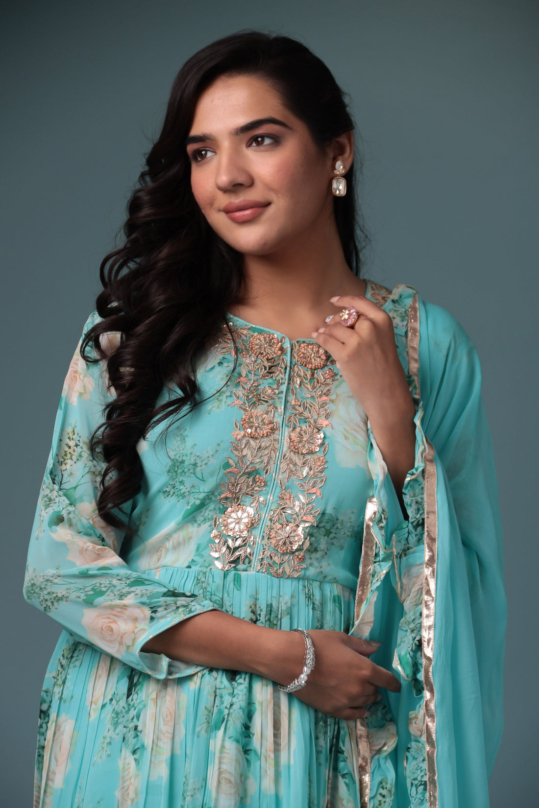 Printed Georgette Sharara Suit with Gota Patti work.