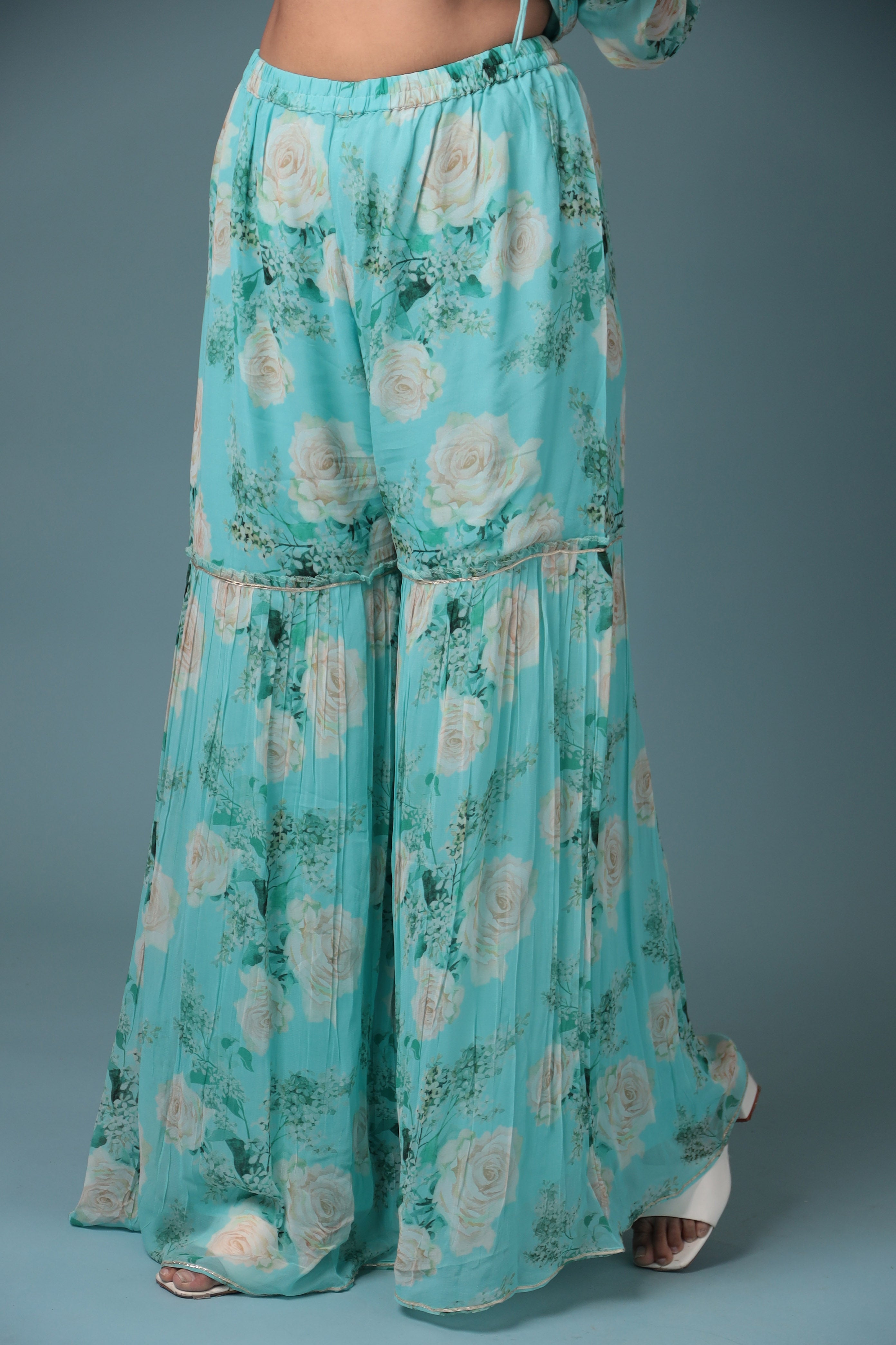 Printed Georgette Sharara Suit with Gota Patti work.