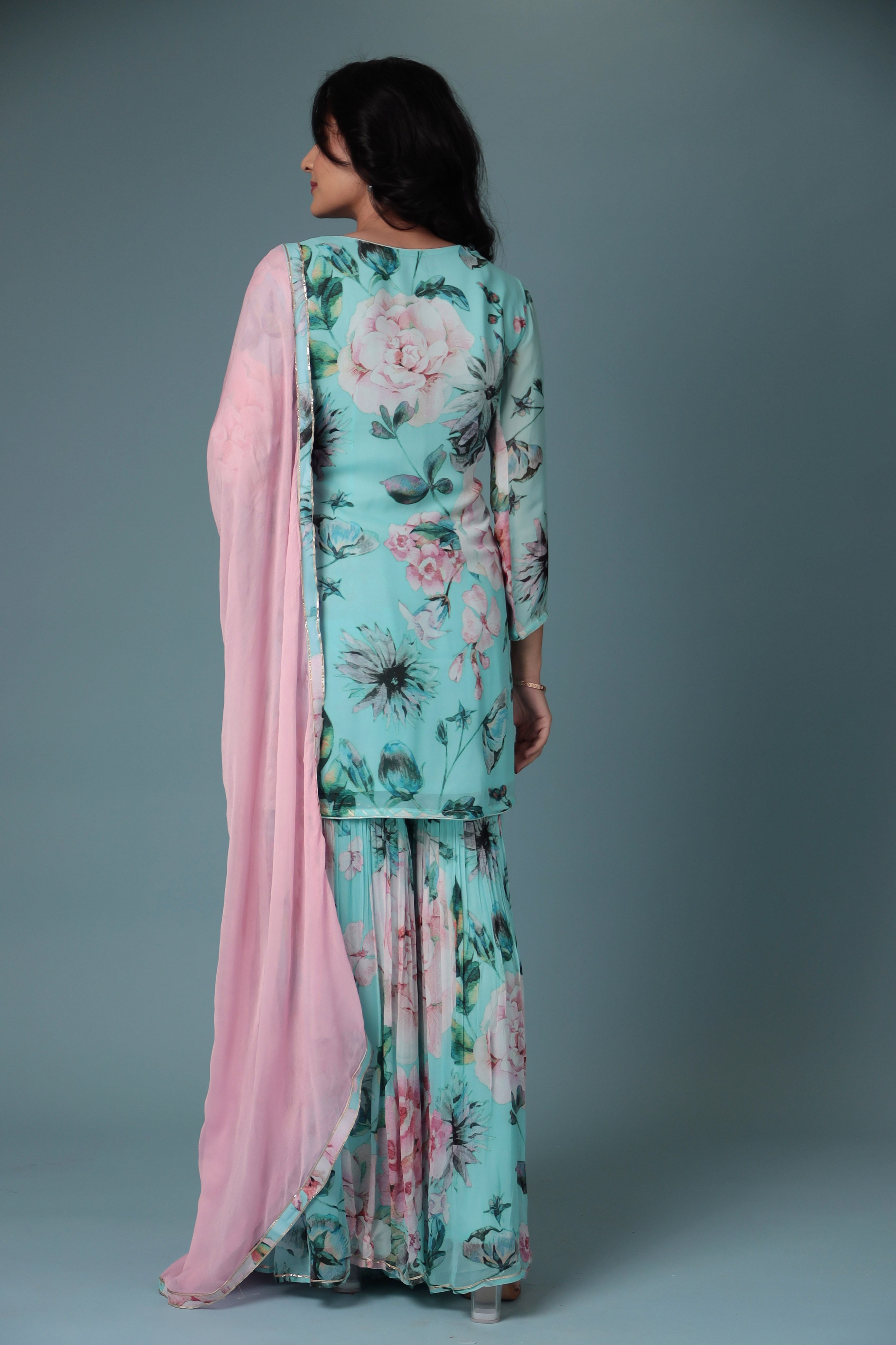 Printed Georgette Sharara Suit with Gota Patti work.
