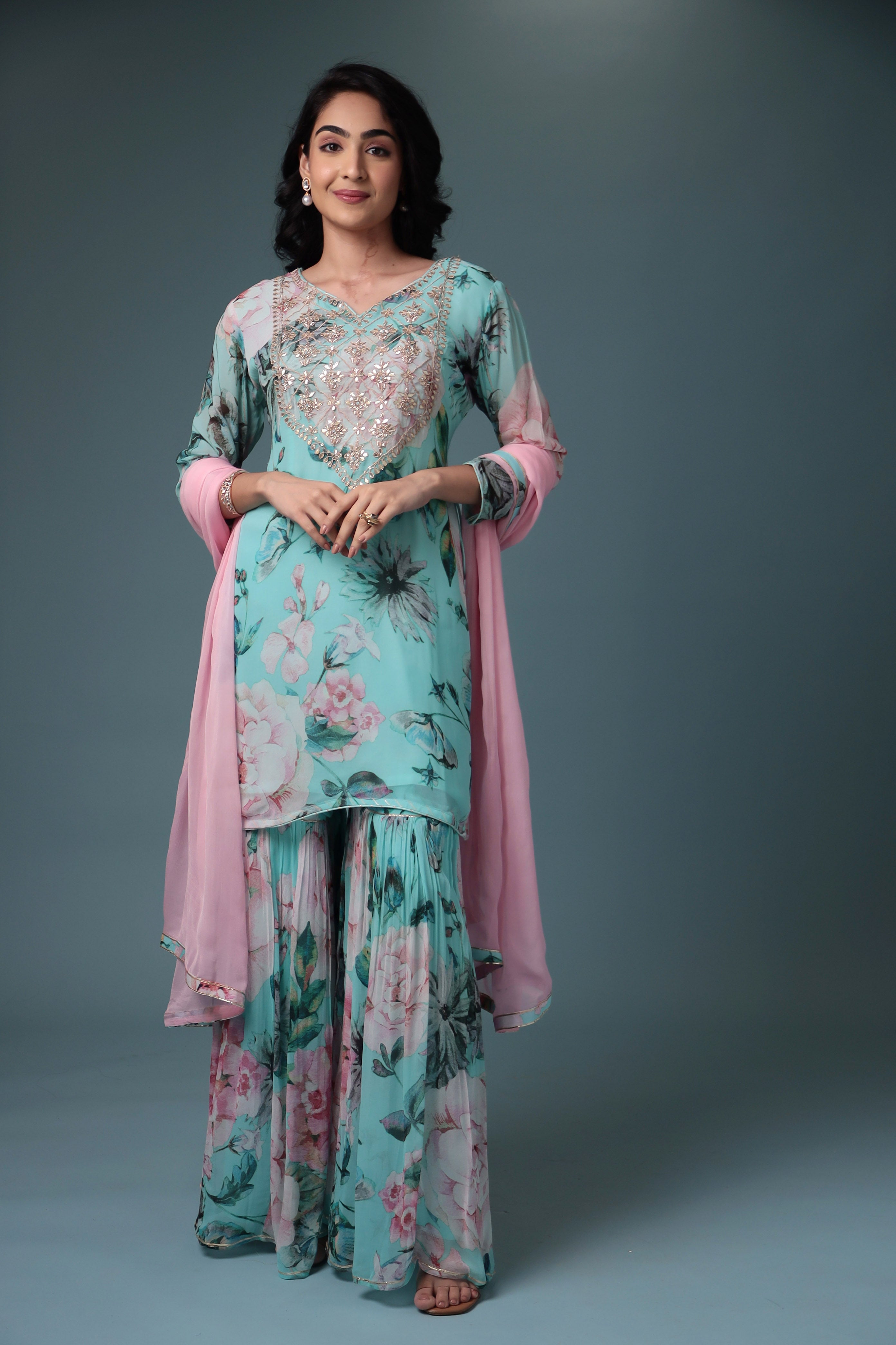 Printed Georgette Sharara Suit with Gota Patti work.