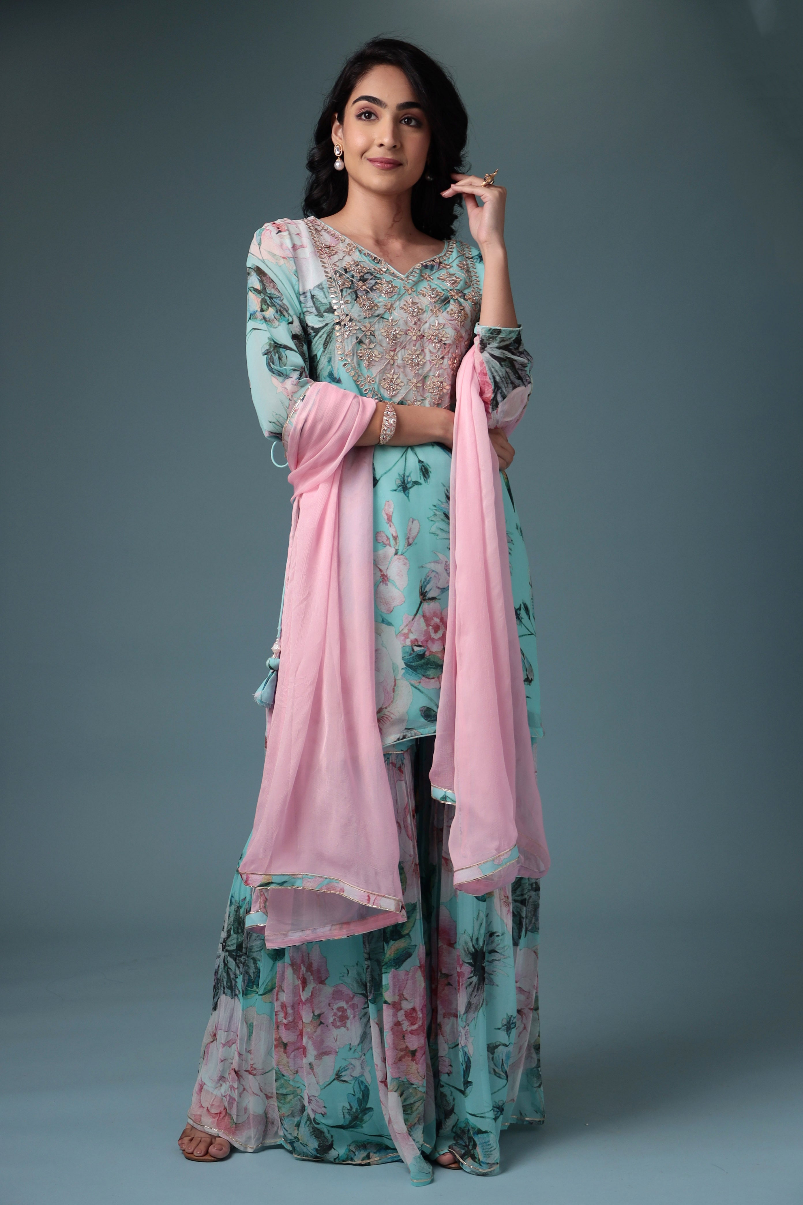 Printed Georgette Sharara Suit with Gota Patti work.