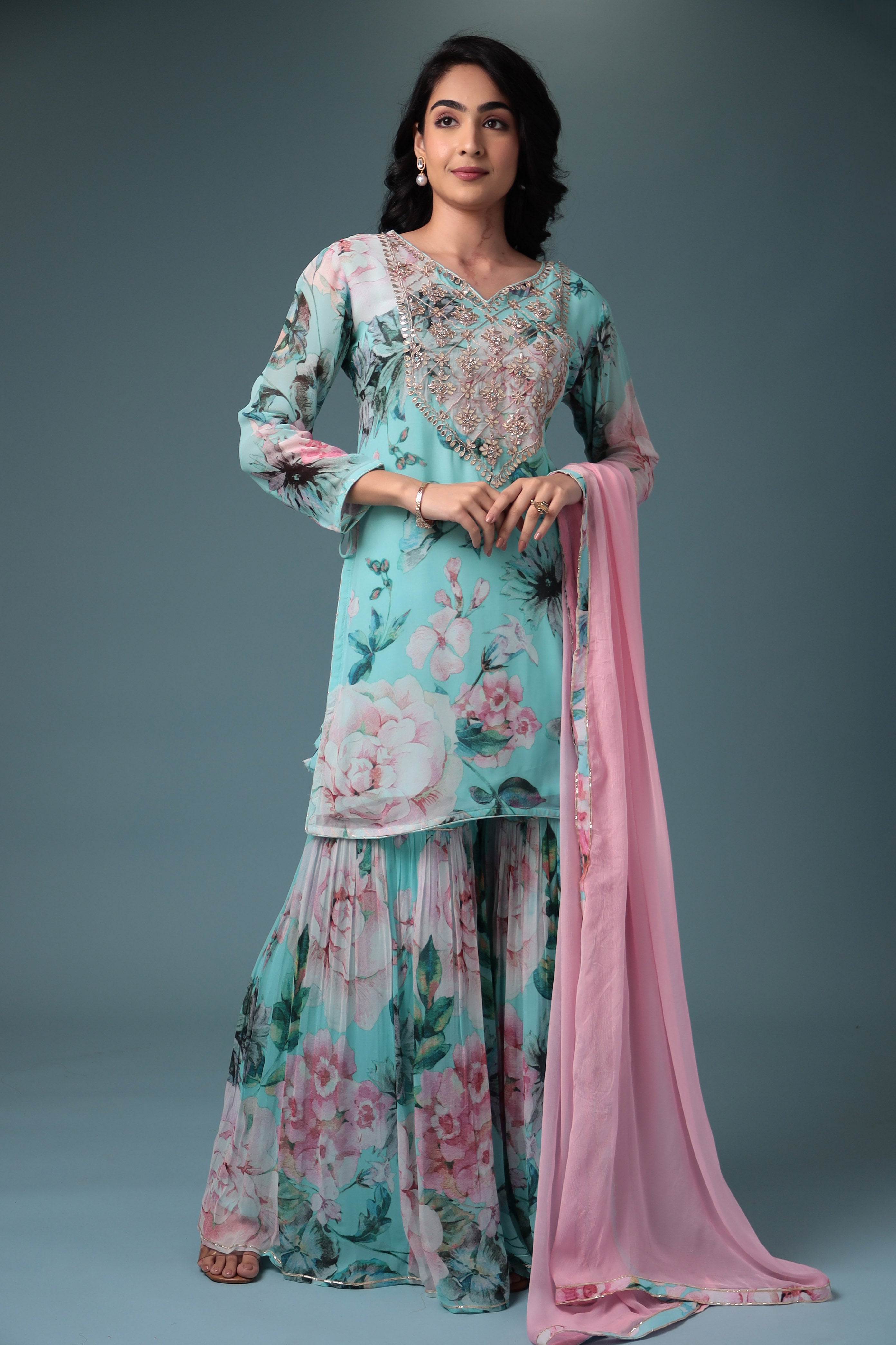 Printed Georgette Sharara Suit with Gota Patti work.