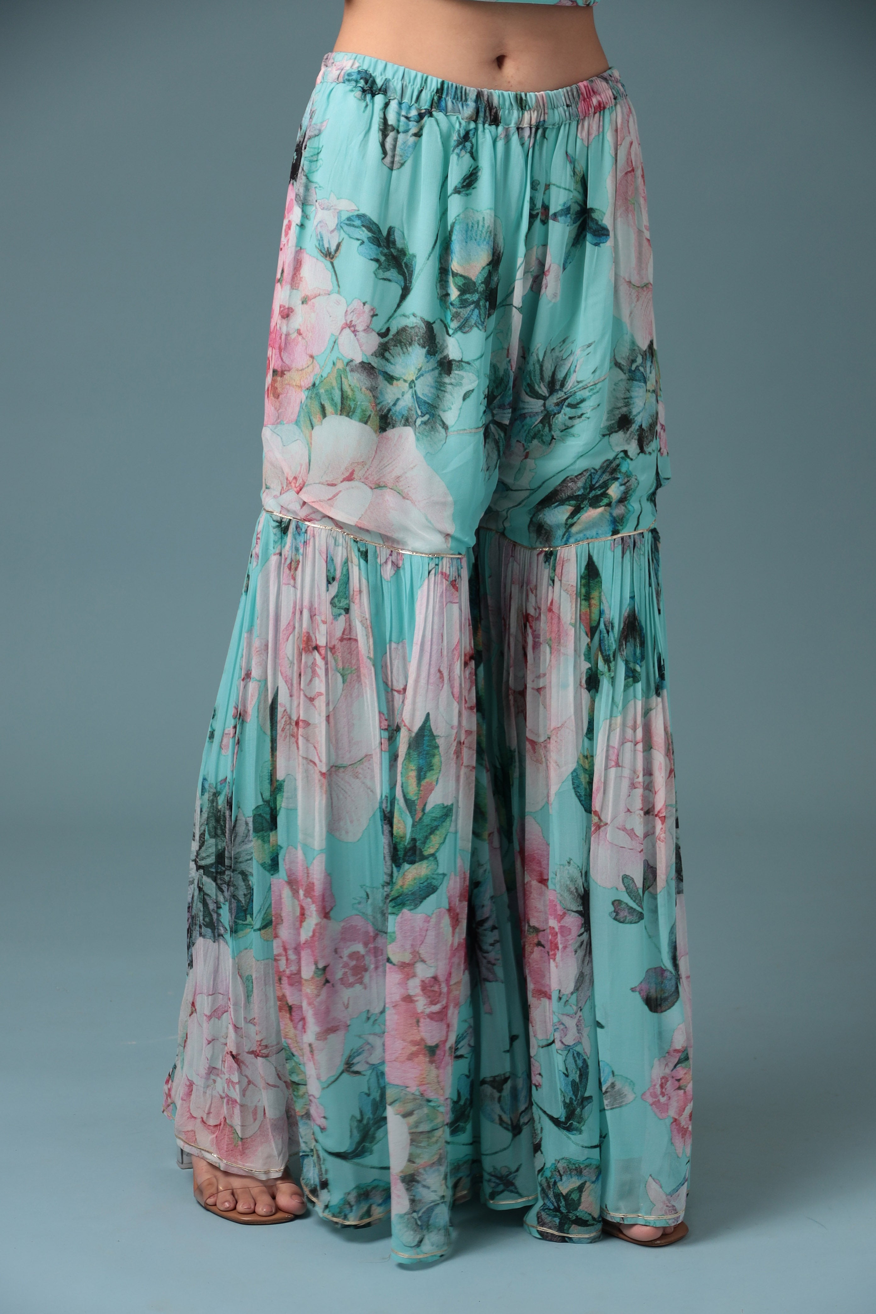 Printed Georgette Sharara Suit with Gota Patti work.