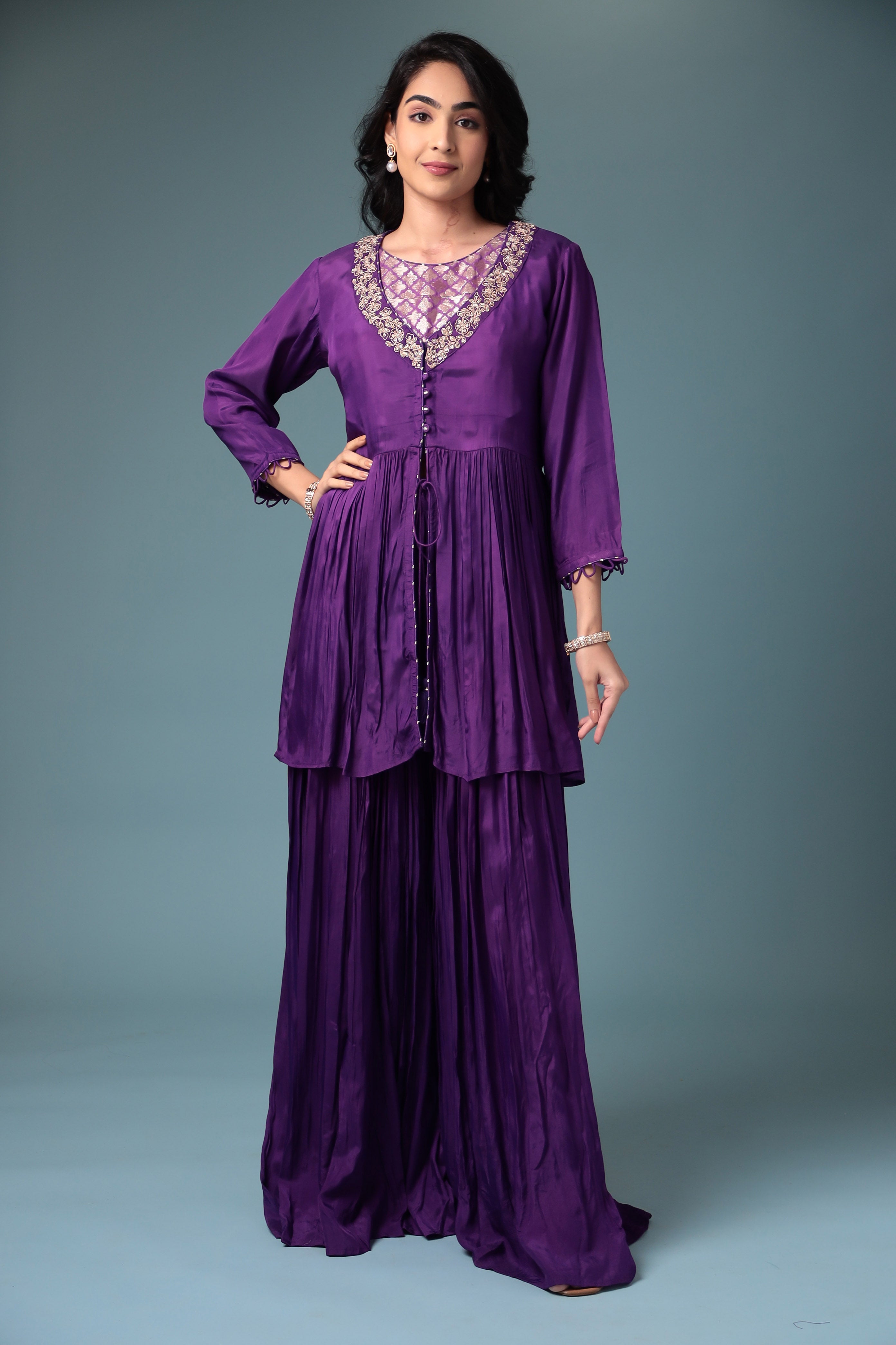 Jacket Style Silk Indowestern with Dori and Zari work.