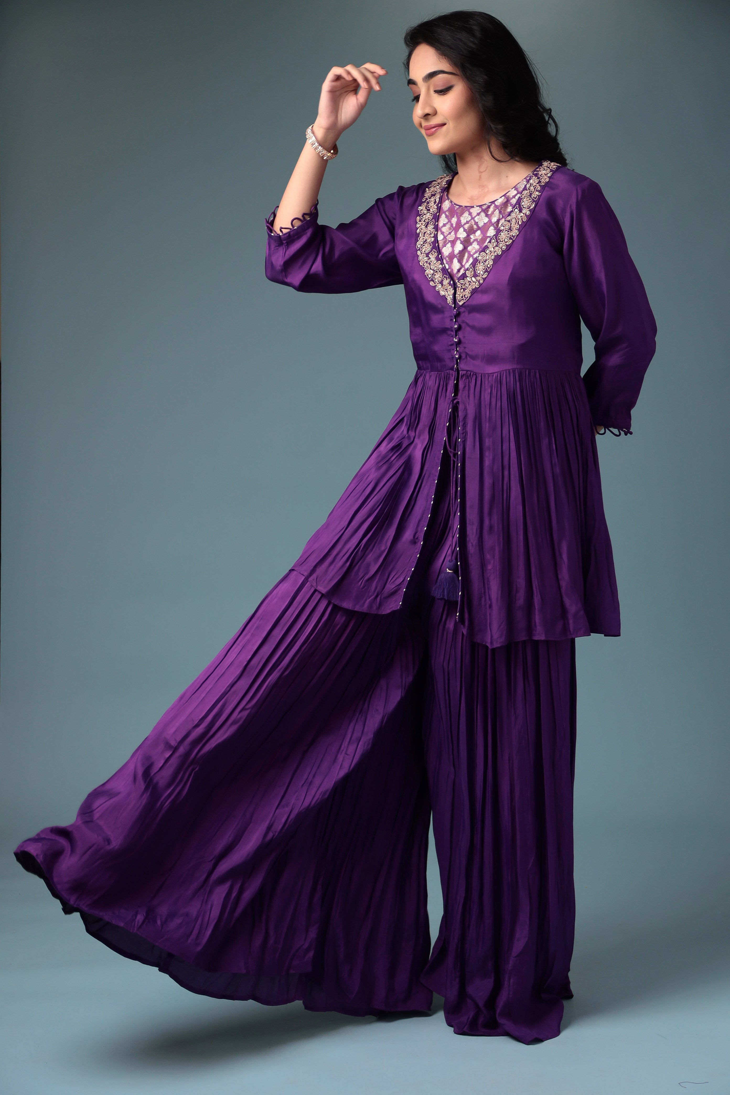 Jacket Style Silk Indowestern with Dori and Zari work.