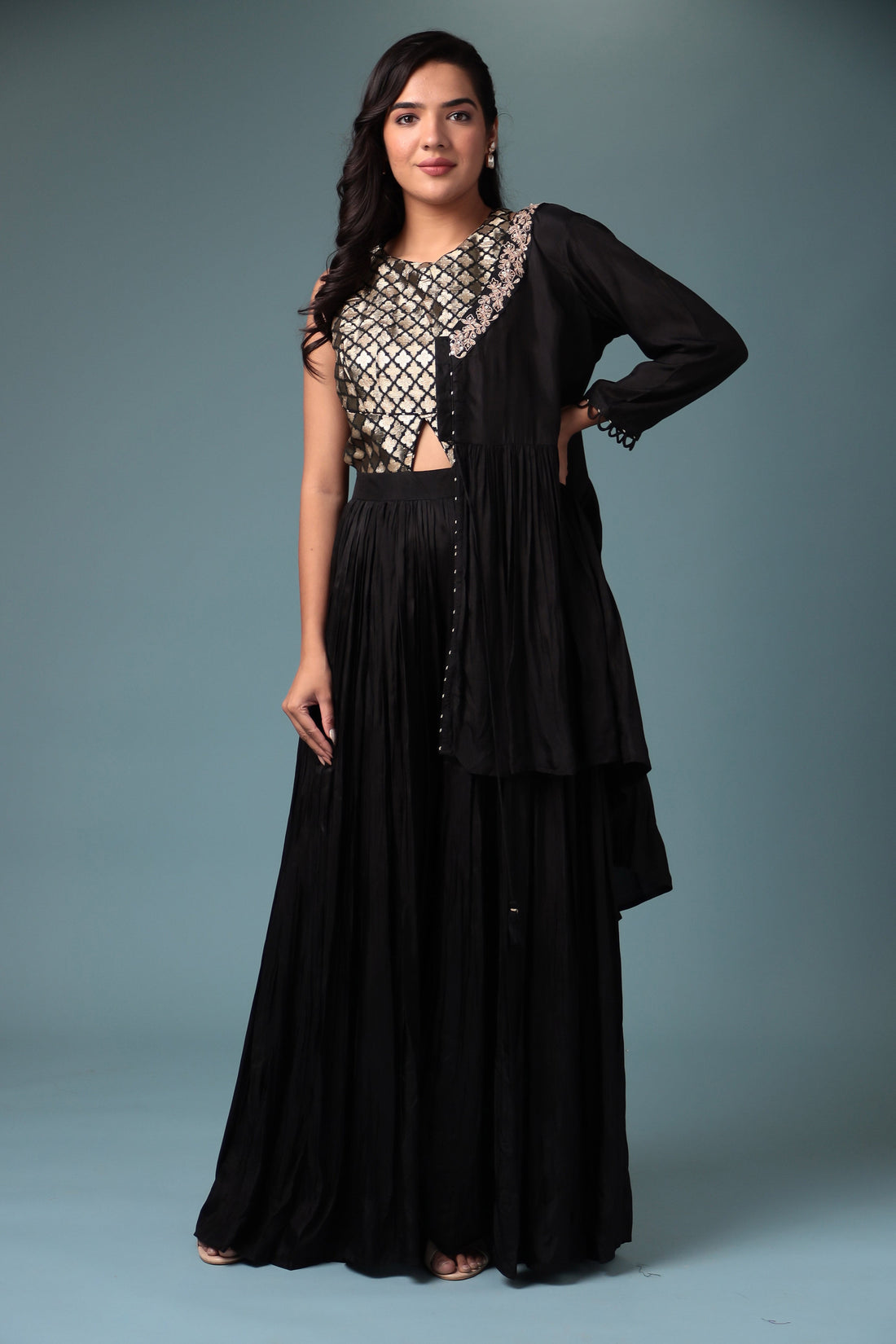 Jacket Style Silk Indowestern with Dori and Zari work.
