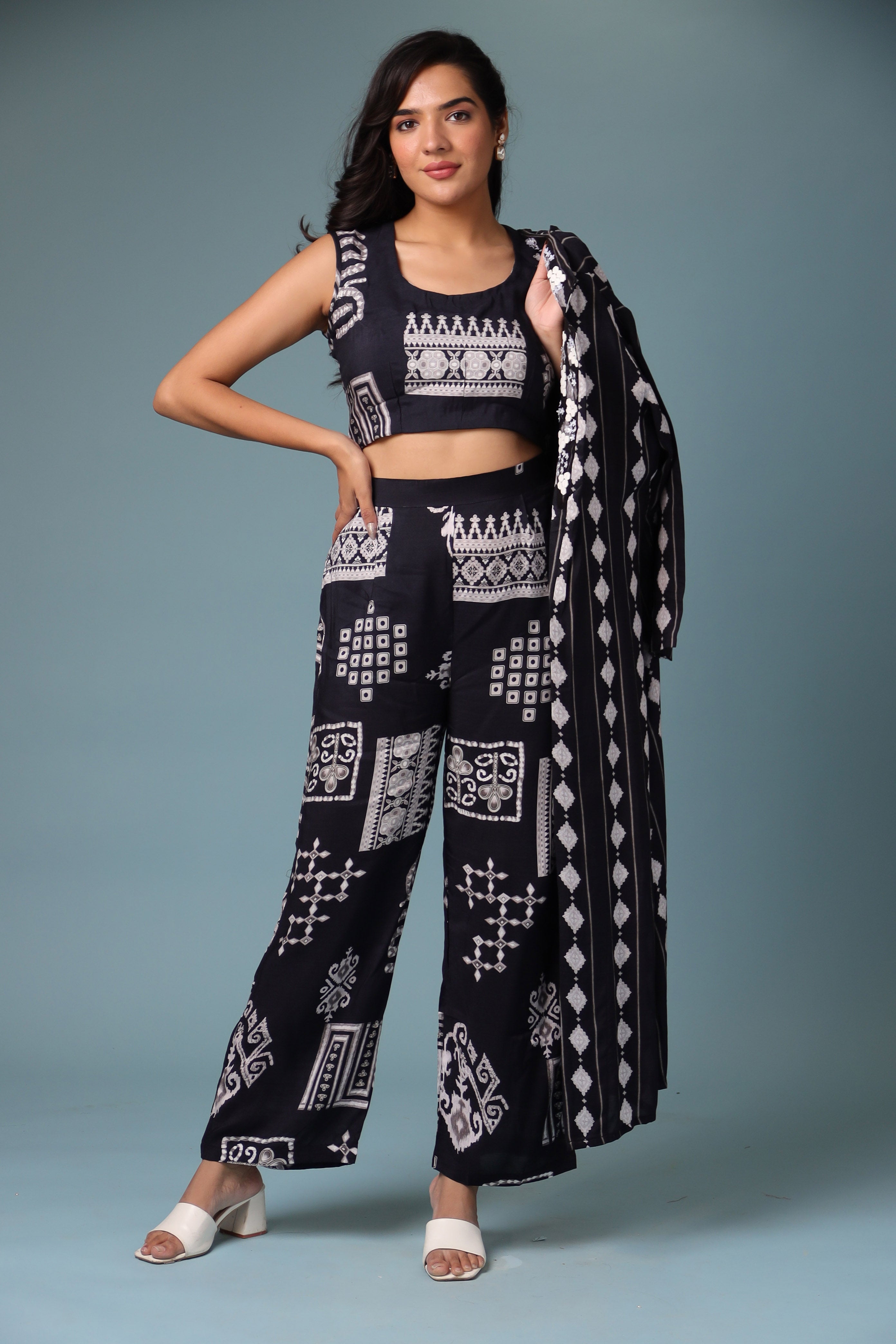 Printed Jacket Style Crepe Indowestern