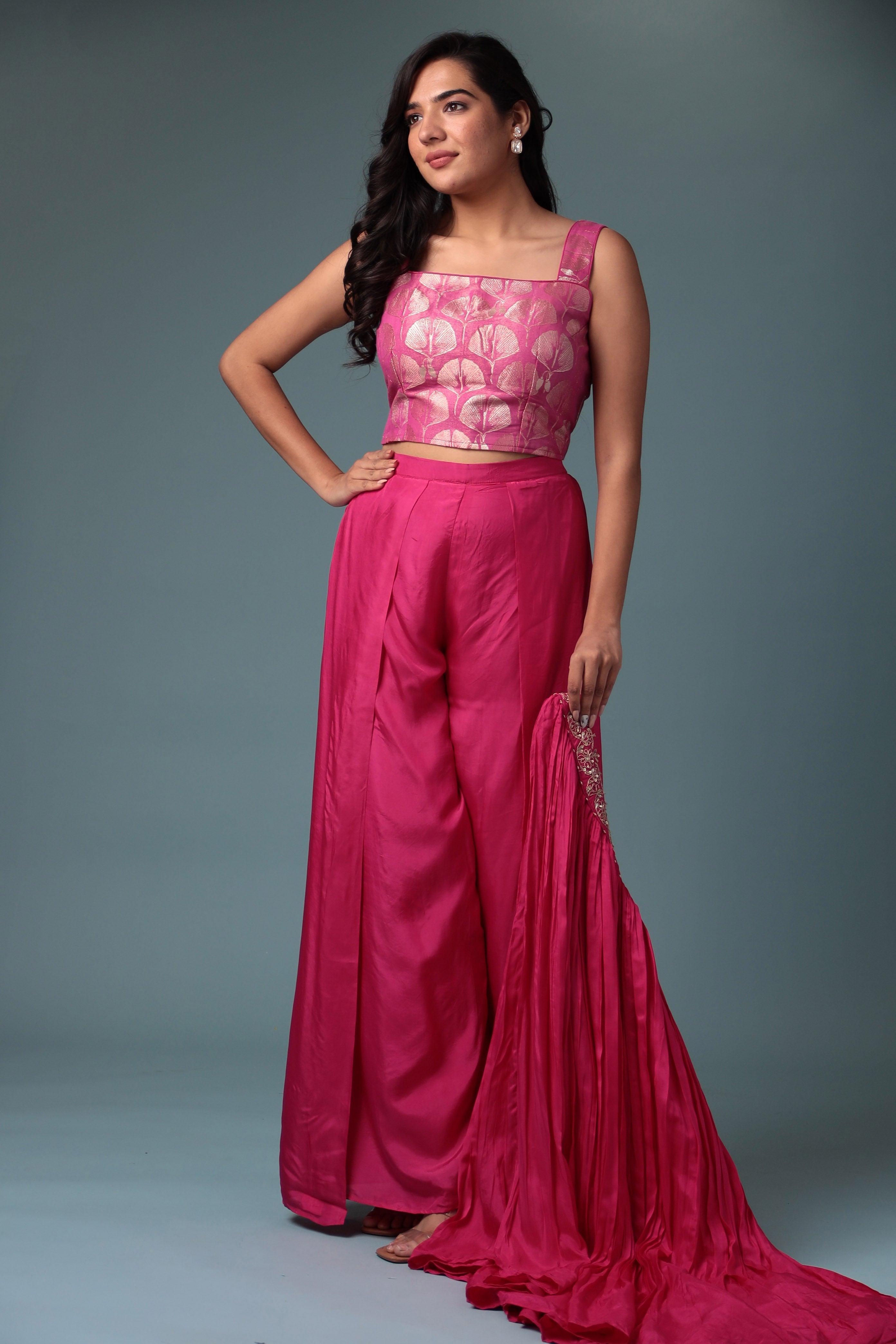 Exquisite Crop Top with Palazzo and a Draping Skirt Embellished with Zari and Dori work